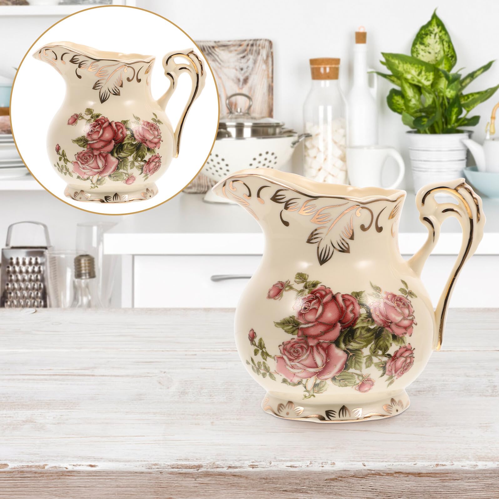 Keramik Milchkanne Europäischer Stil mit Komfortgriff Vintage Goldbedrucktes Milchkännchen für Kaffee Tee und Soßen Stilvolles Porzellan Gefäß für Zuhause und Gastronomie
