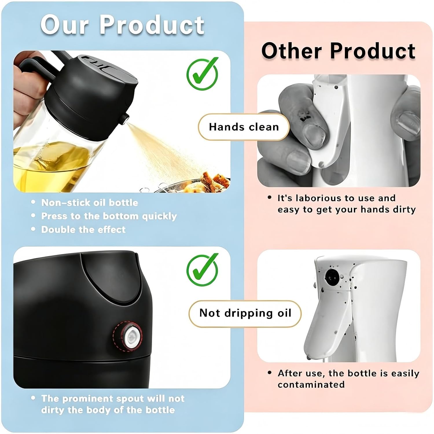 2 in 1 Olive Oil Spray for Cooking, 470ml/16oz Oil Dispenser Bottle for Home and Kitchen, Olive Oil Sprayer Bottle for Air Fryer, Salad, BBQ (Black)