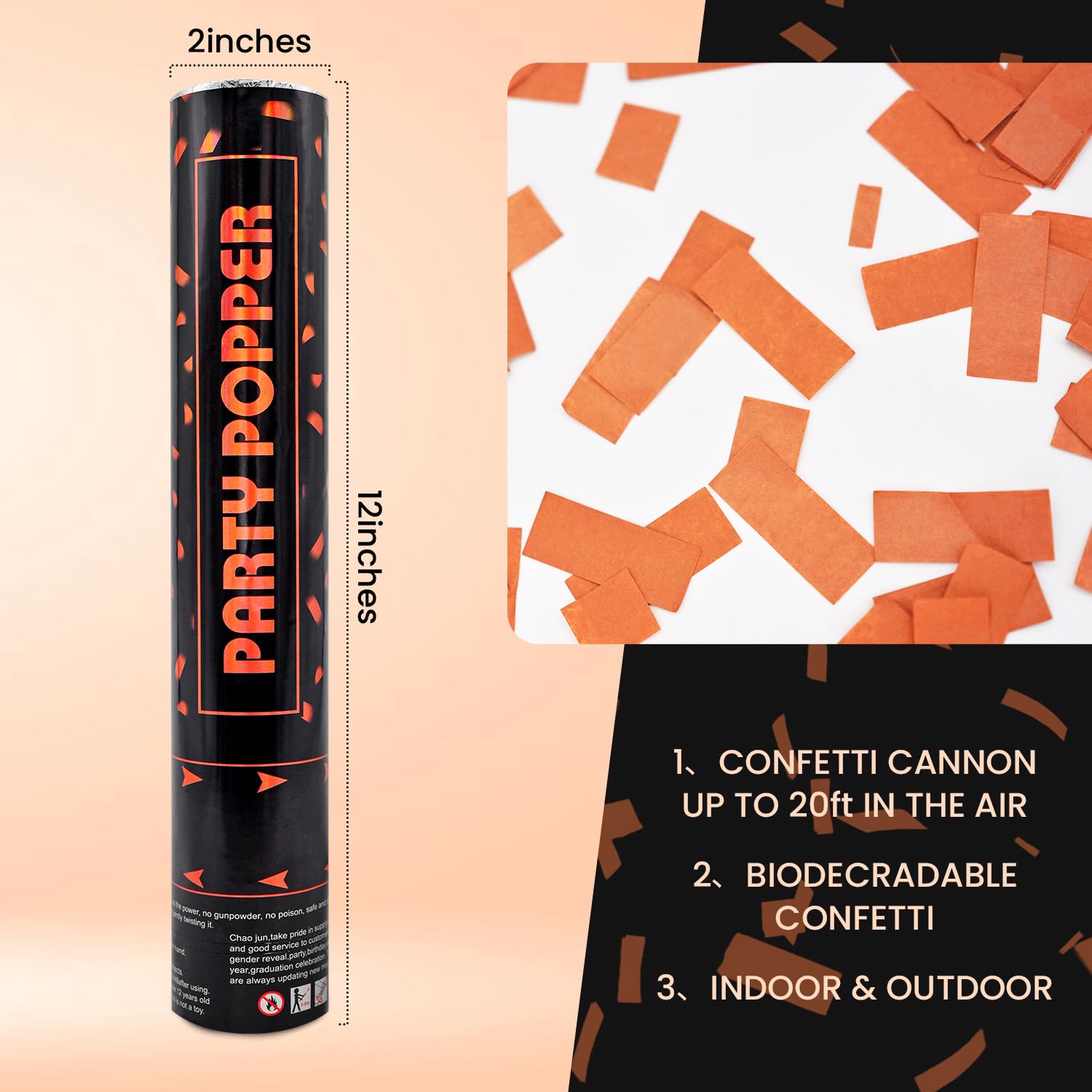 Lot de 12 canons à confettis orange biodégradables de 30,5 cm pour fête de mariage, fête de mariage, lancement jusqu'à 4,5 à 7,6 m pour Noël, anniversaire, remise de diplôme, Nouvel An