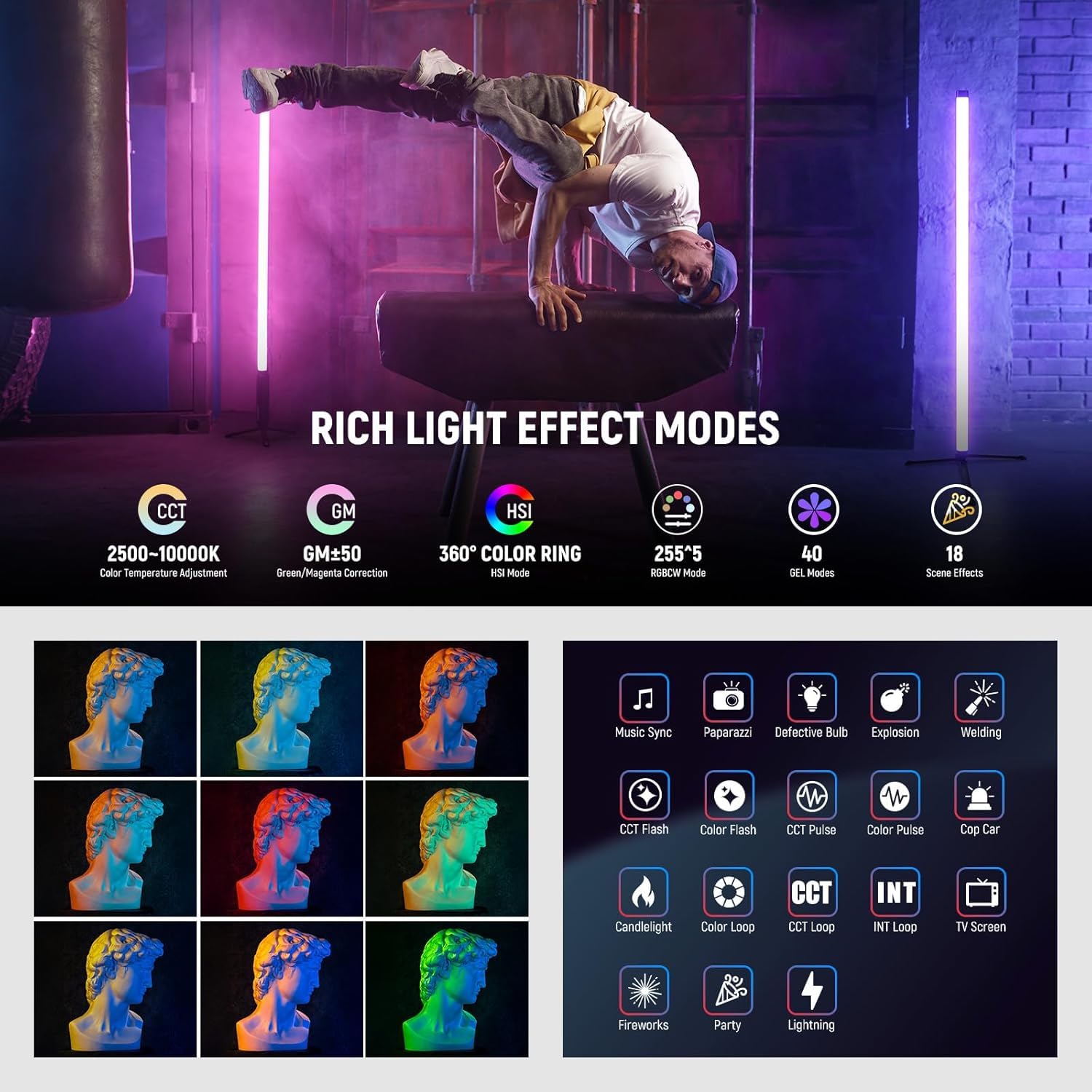 NEEWER TL60 RGB lampa świetlna, kolorowy RGBWW, lampa wideo, obsługuje sterowanie za pomocą aplikacji / 2,4G/DMX, 7 pikseli, 18 scen, 2500 K-10000 K CRI97+ TLCI98+, akumulator 3000 mAh