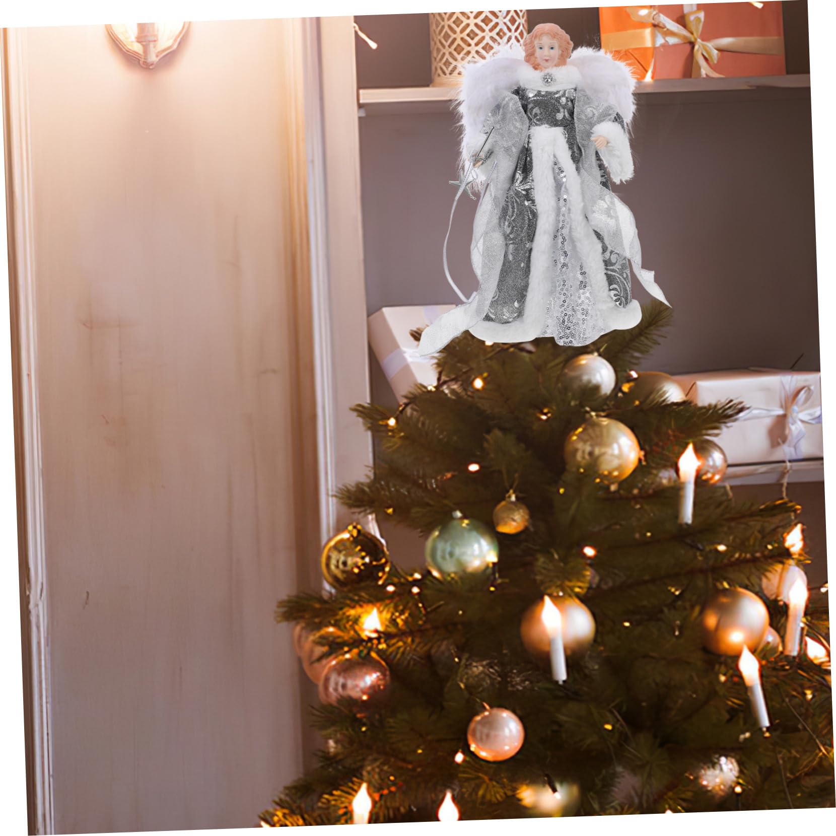 Ángel Decorativo Pequeño para Árbol de Navidad Figura con Alas de Peluche Adorno Navideño para Interiores Topper para Árbol Detalle Festivo para Fiestas de Navidad