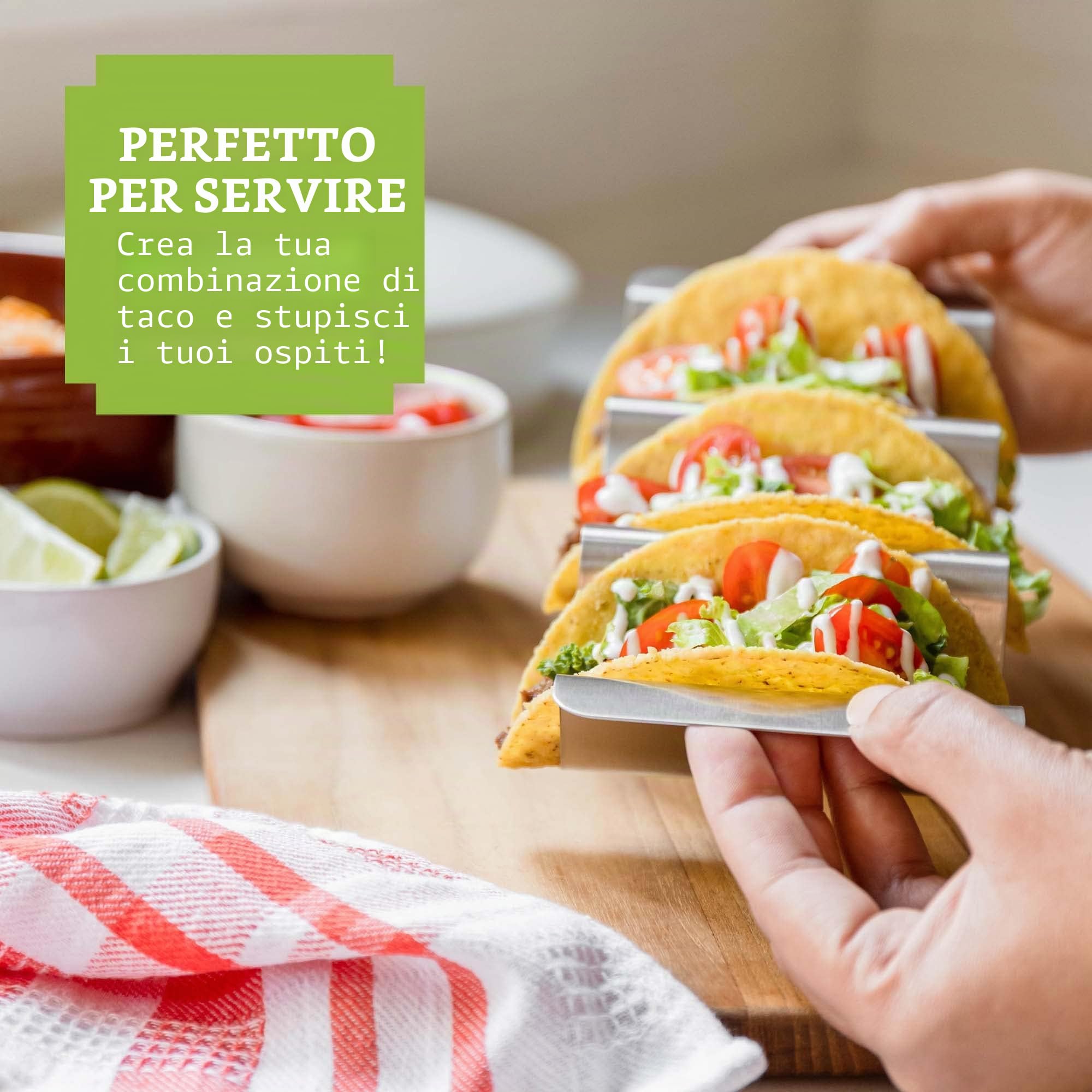 Porta Tacos Acciaio con Base Scanalata, Set 6 per Tacos Messicani e Tortilla, Ideale come Chef Accessori e Accessori Griglia per Forno o BBQ