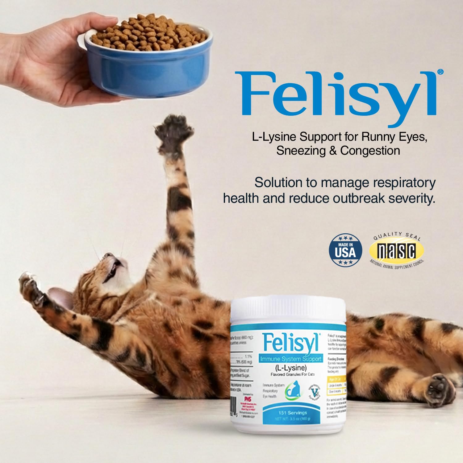 Felisyl L-Lysine Granules for Cats 100g (3.5 oz, 151 Servings) – Supports Immune, Respiratory, and Eye Health. Eases Sneezing, Runny Nose, and Watery Eyes. Tasty Salmon Flavor - Made in The USA — Amazon image 2