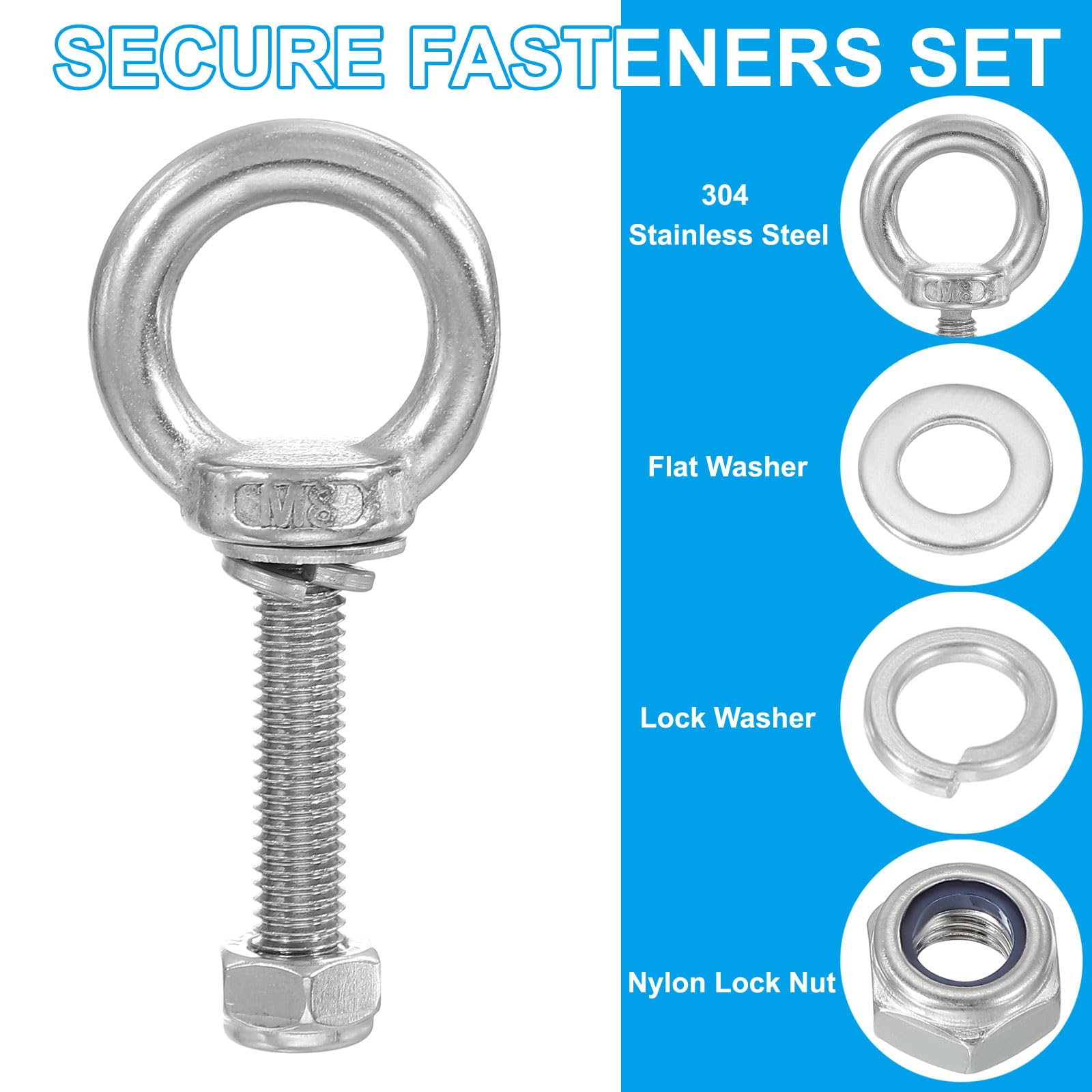 PATIKIL M8 x 40mm Eye Bolt with Nut, 2 Pack 304 Stainless Steel Lifting Shoulder Eyebolt Lift Thread Screws for Hanging Silver - Image 3