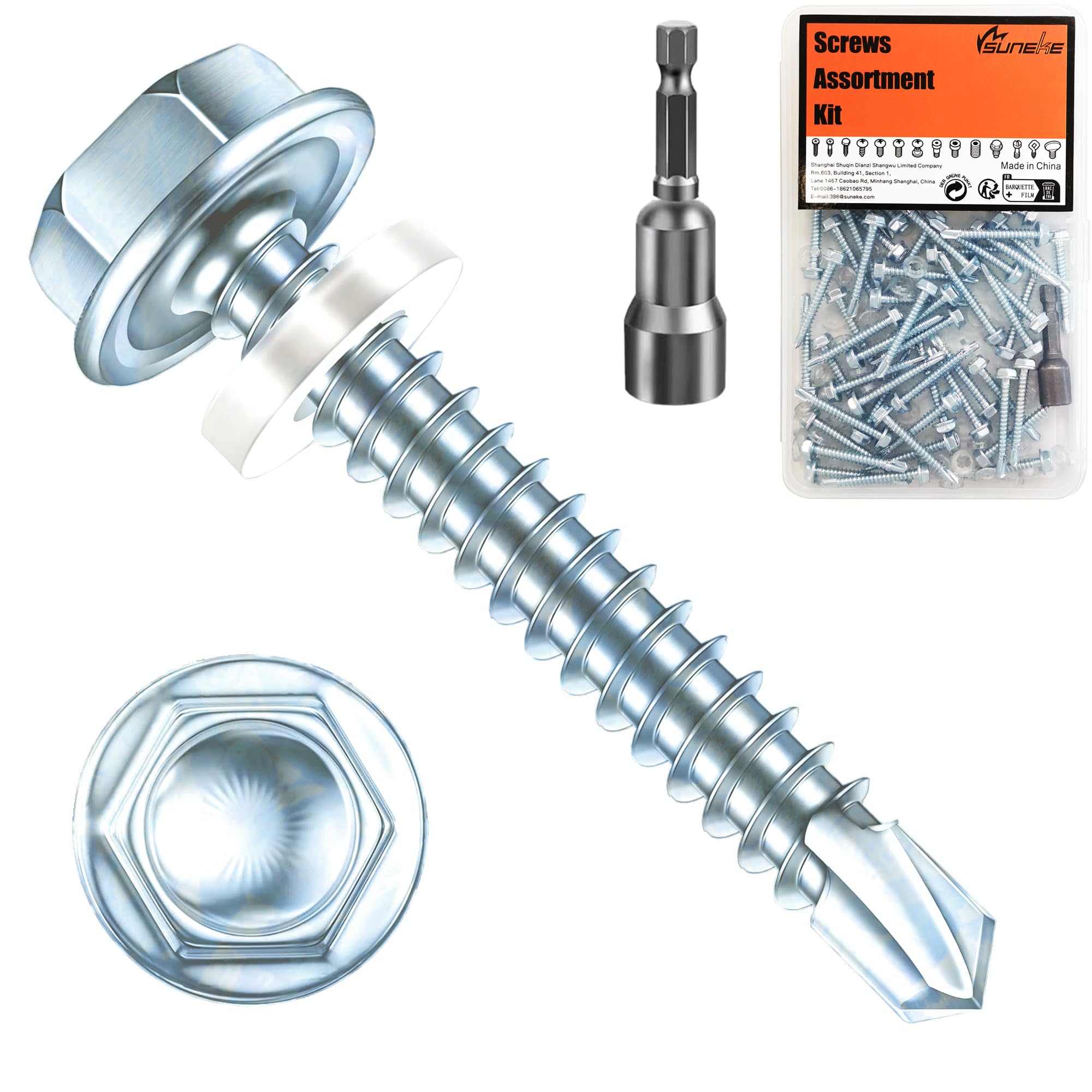 (75Pcs) #10ร1-1/2"(4.8mmร38mm) Suneke Hex Washer Head Self-Drilling Screws, Silver Zinc Plated Steel, TEK Screws with External Hex Drive, Waterproof Washers, Matching Drill Bit, Organized Box
