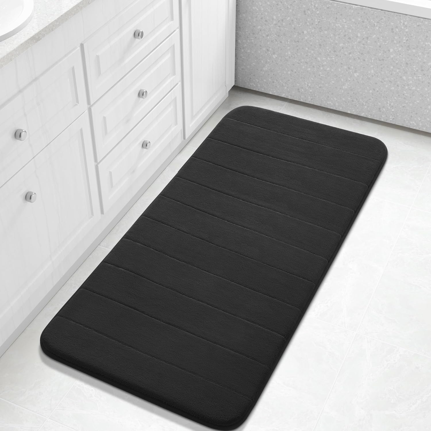 Yimobra Memory Foam Bath Mat 112 x 61 cm, Non Slip Bathroom Mat, Soft Absorbent Quick Dry Bath Rug, Machine Washable for Shower, Sink and Bathroom, Black
