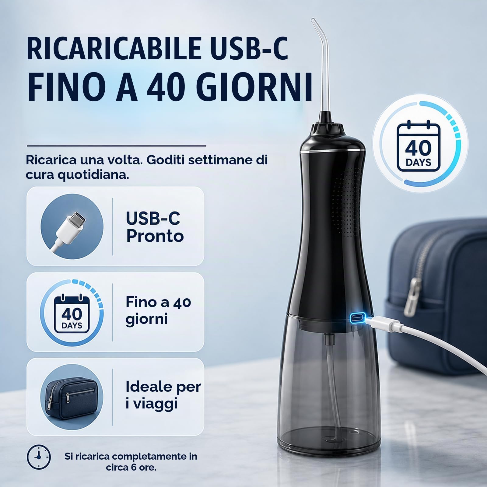 MOCEL Irrigatore orale con 5 modalità, 350 ml, senza fili, per la pulizia dei denti, con 6 punte, IPX7, impermeabile, ricaricabile, portatile, potente batteria per viaggi e casa e cura dei ponti
