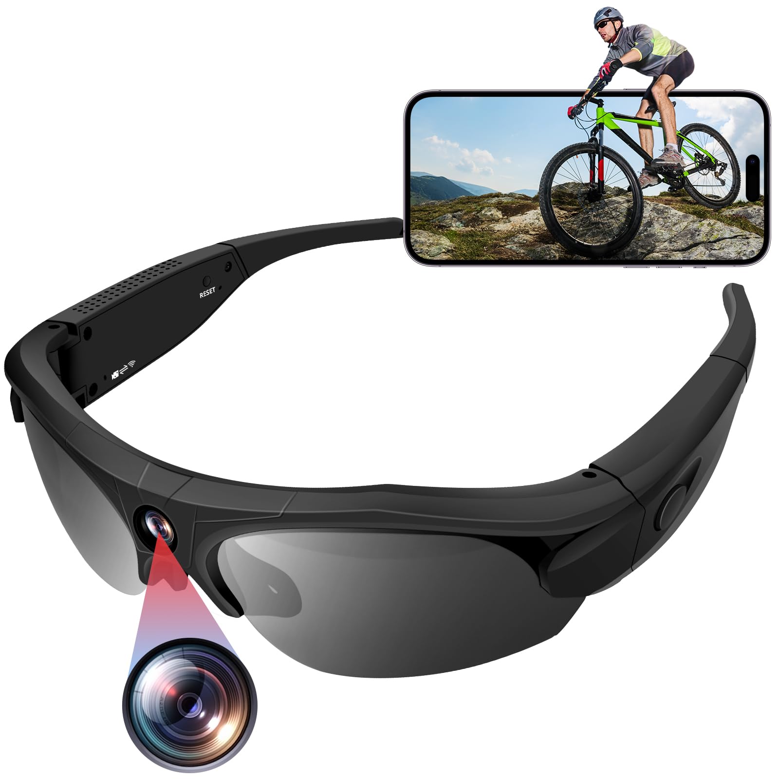 Occhiali con Telecamera WiFi 4K, Dashcam, Da Sole Polarizzati | 1080P, 120°, 16GB inclus, Moto Trekking Equitazione Pesca, Action Cam, Loop, Type-C, 100 Min, POV