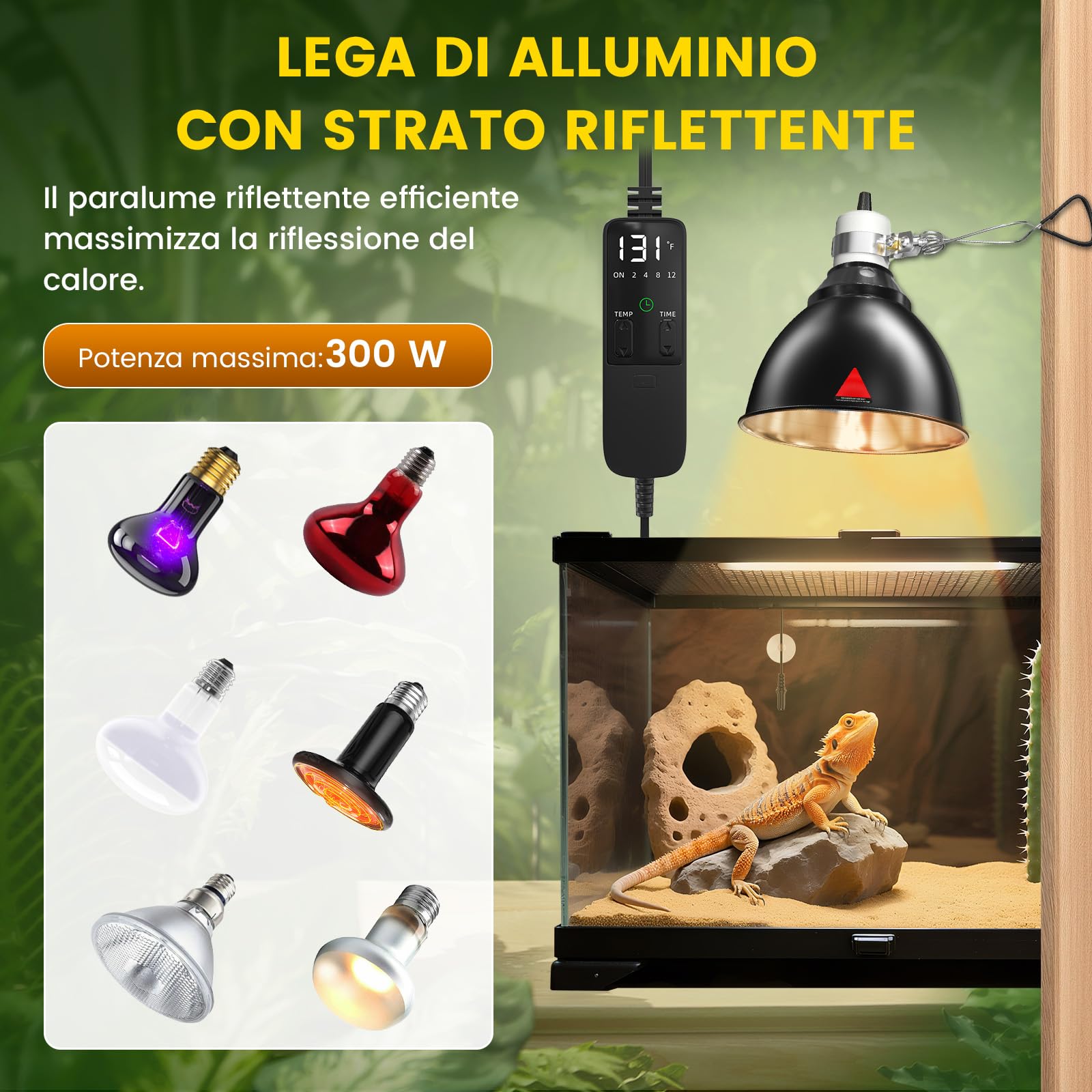 GlowUp Lampada Riscaldante Lampada uvb Tartarughe da 5,5 pollici con termostato e timer, Portalampada E27 Reptile Dome 300W per Tartarughe, Lucertole, Draghi Barbuti (Lampadina non Inclusa)