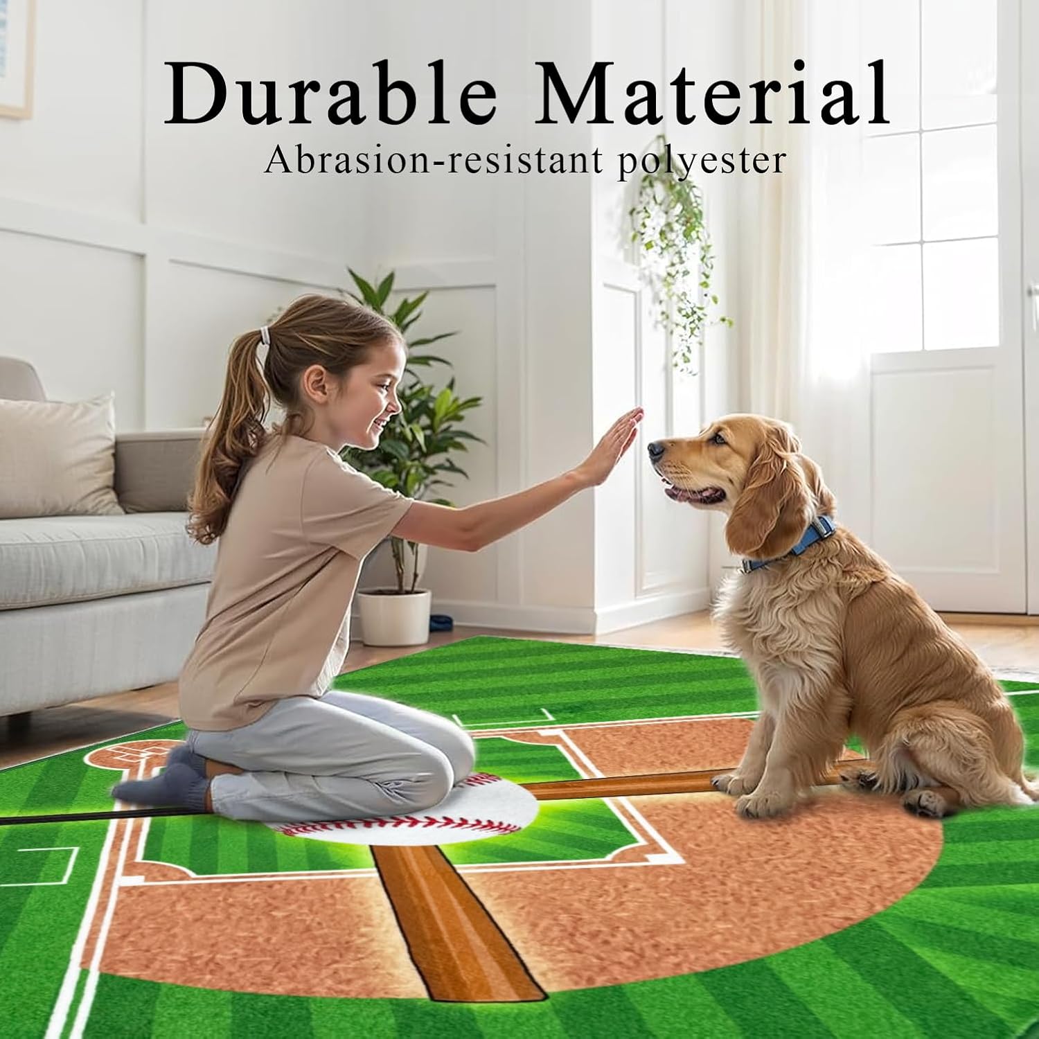 Washable Low Pile Baseball Rug 5x7- Sports Decor for Boys Room, Non-Slip Kids Bedroom Carpet, Durable Baseball Themed Floor Mat