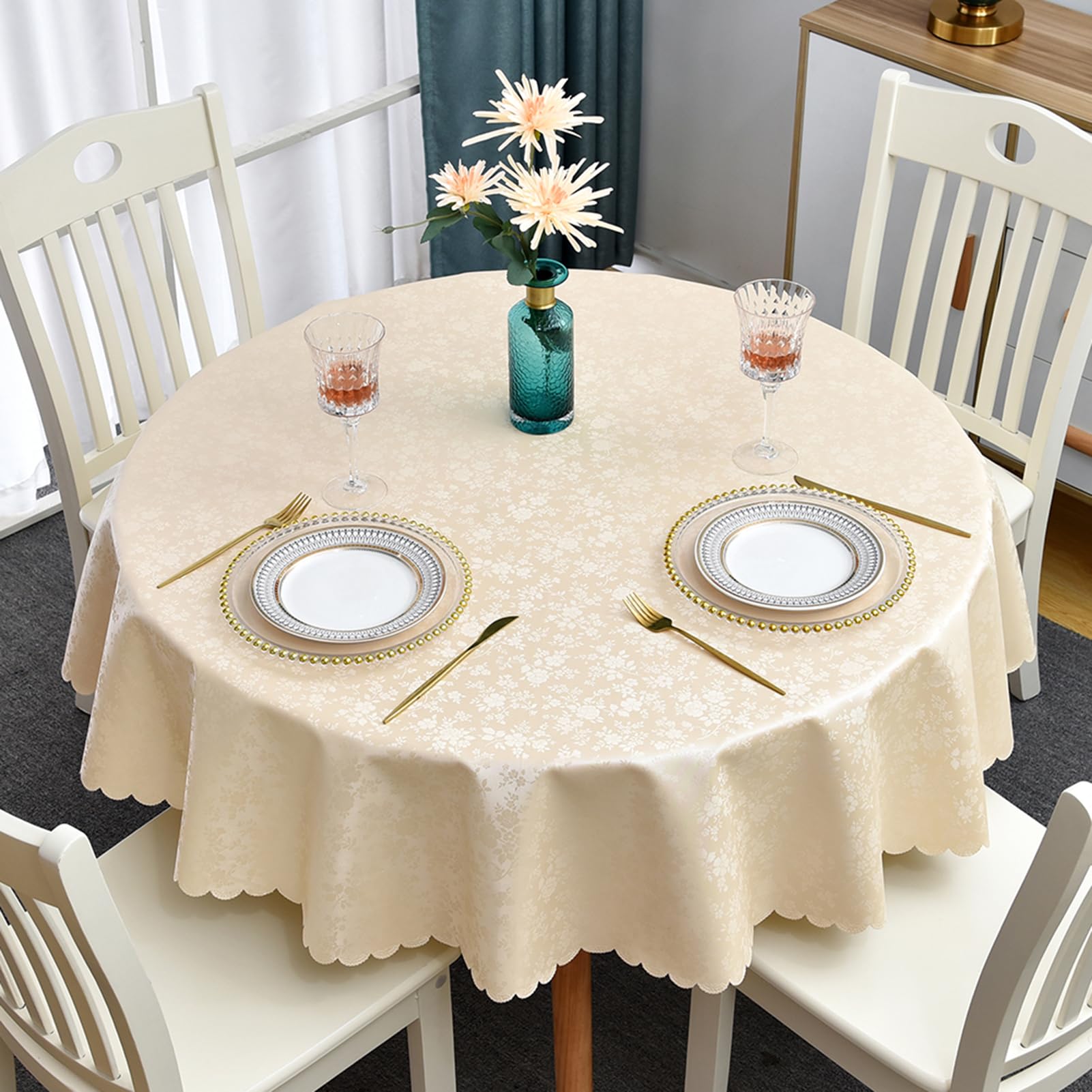 Romanstile Mantel redondo de 80 cm, lavable, beige, 350 g/m², pequeño, de plástico, impermeable, para fiestas, Año Nuevo, exterior, Año Nuevo, fiesta, jardín, mesa de café, Navidad