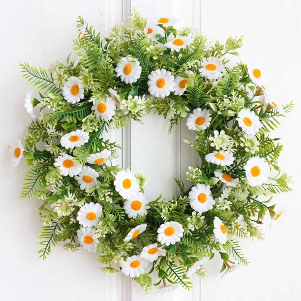 Künstlicher weißer Chrysanthemenkranz, moderne Frühlingsblumen, Türdekoration, Kunststoff-Blumengirlande für Zuhause, Wandtisch, 40 cm