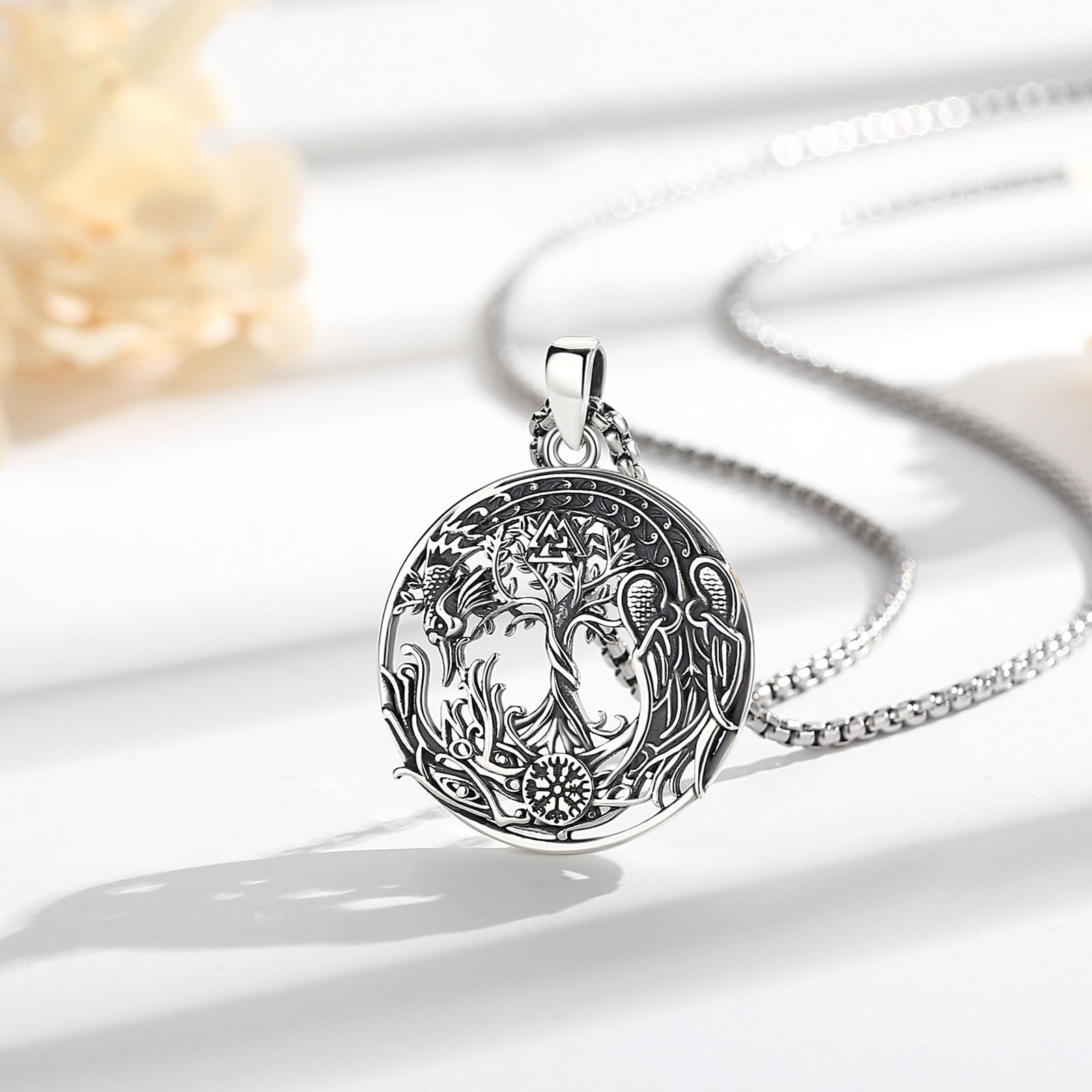 Wikinger Lebensbaum Wolf Mond Kette für Damen Herren Sterling Silber 925, Yggdrasil Phönix/Drachen Mond Triskele Anhänger Nordische Mythologie Schmuck Geschenk für Frauen Herren
