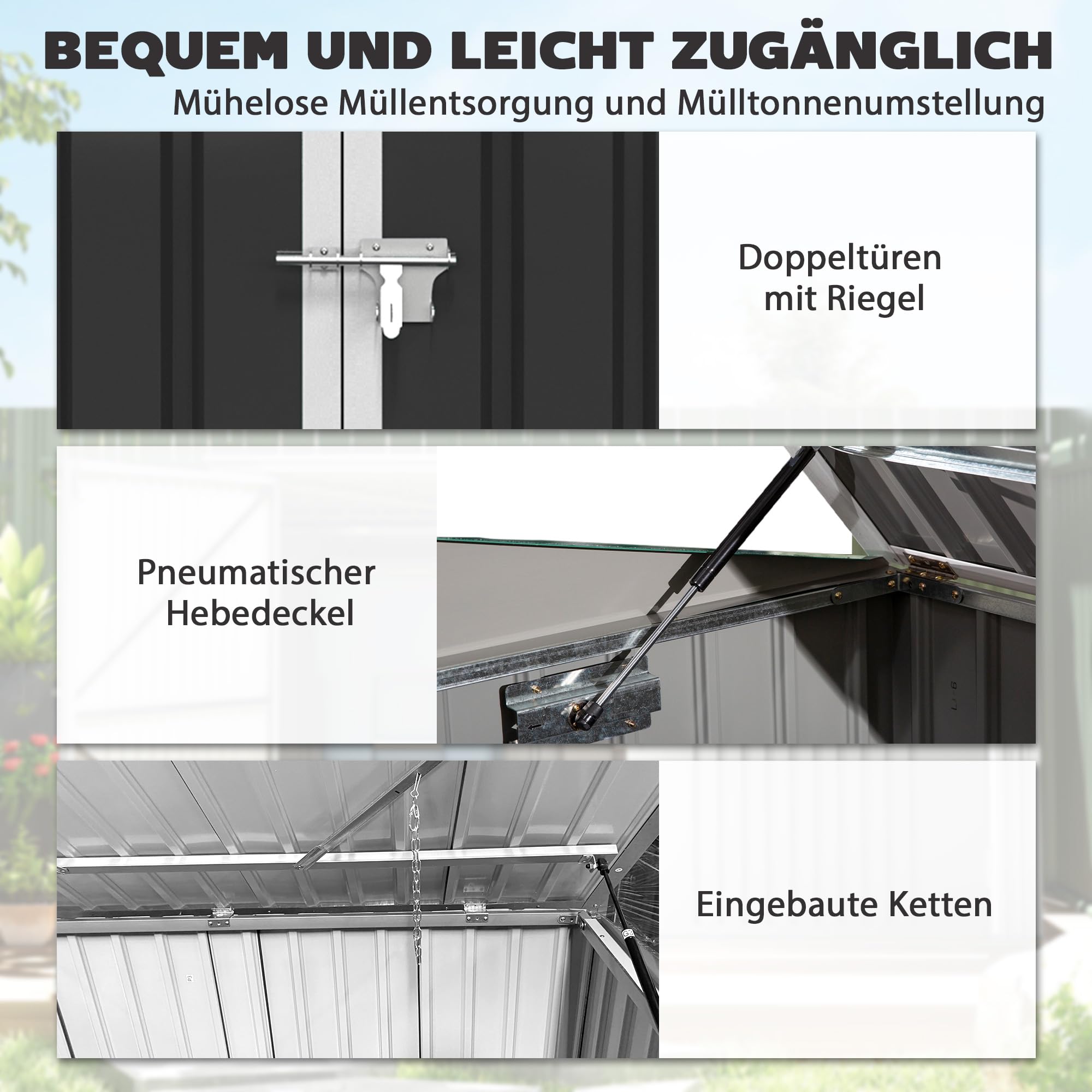Outsunny Mülltonnenbox für 2 Mülltonnen aus verzinktem Stahl Müllbox mit Klappdeckel Gasdruckfeder Doppeltür Belüftungsöffnungen, abschließbar Mülltonnenverkleidung 179,5 x 108 x 113 cm Dunkelgrau