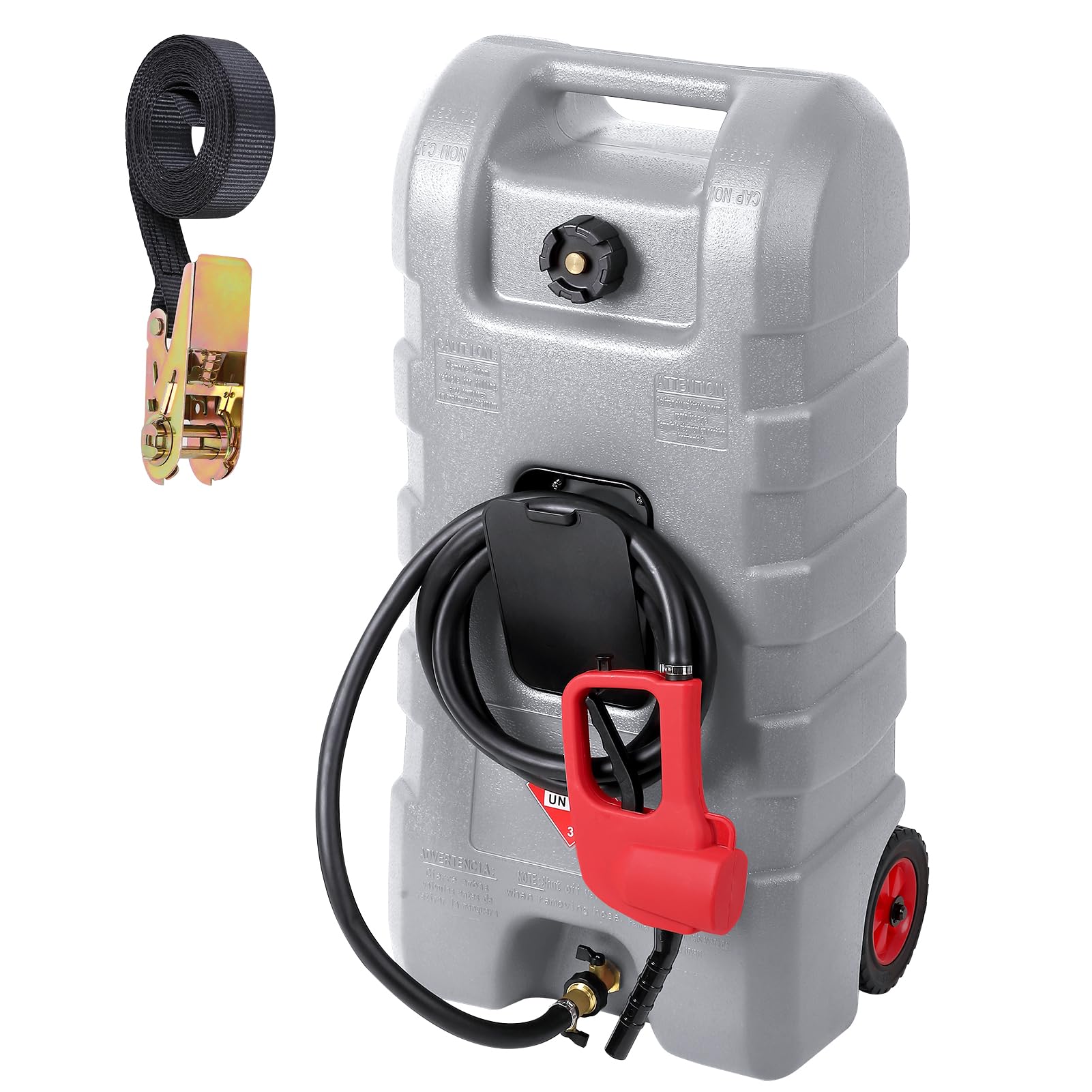 57L Portable Fuel Caddy with 10FT Hose & Wheels, Petrol Diesel Storage Can Fuel, Gas Fuel Tank Container with LE Fluid Transfer Siphon Pump, Petrol Canister for Cars Lawn ATVs Boats