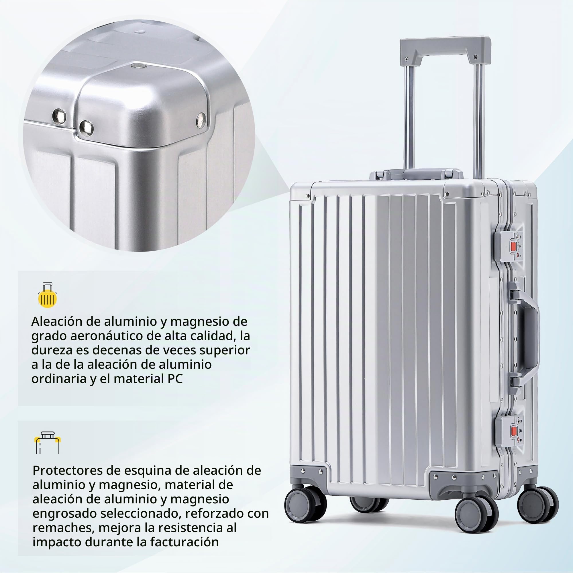 Simcat - Equipaje de mano de aluminio con ruedas giratorias, aprobado por aerolíneas, ligero, con candado TSA y ruedas silenciosas, carcasa dura, para viajes de negocios, Silver, 20in/55cm,36L