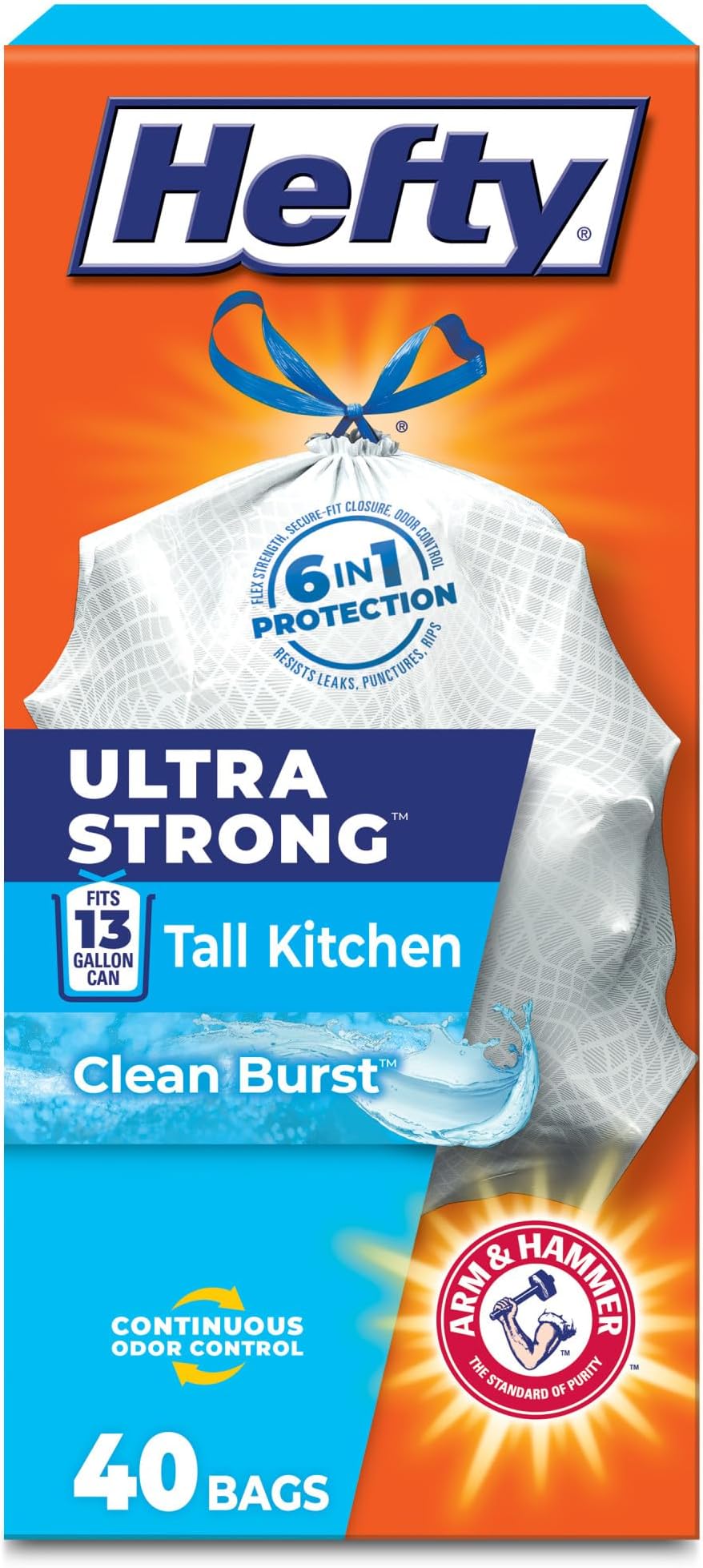 Hefty Ultra Strong 13 Gal Kitchen Trash Bags, White, Clean Burst, 40ct