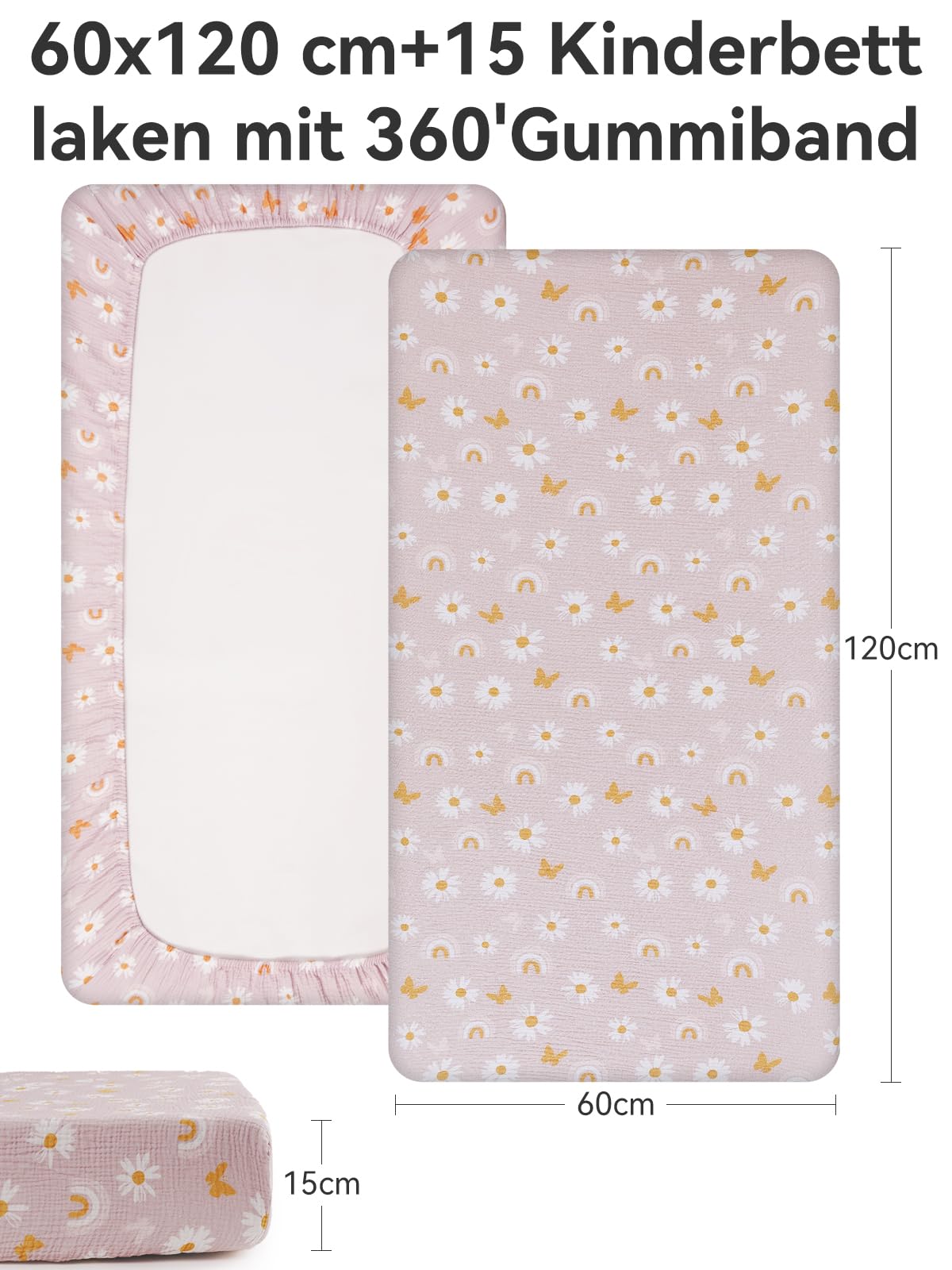 TILLYOU Mussola - Set di 2 lenzuoli con angoli elasticizzati per lettino, 60 x 120 cm, 100% cotone, motivo: farfalla rosa