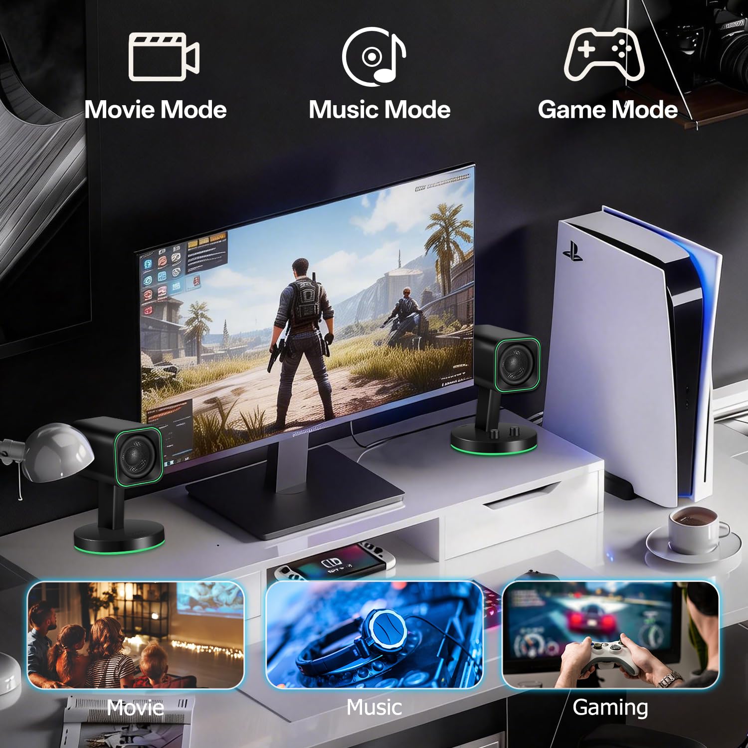 Sanyun SW202 24W Computer Gaming Lautsprecher mit 3 EQ-Modi (Spiel/Film/Musik), dynamischer 3D-Surround-Sound, 16bit DAC USB/AUX/Bluetooth 5.2, RGB-Beleuchtung, für PC/Desktop/Monitor/Laptop, Schwarz