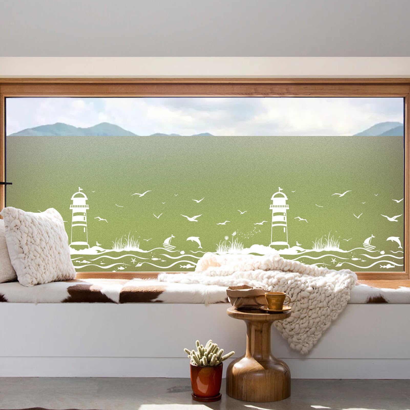 dktie Film opaque pour fenêtre - Blanc (phare et océan 02 version agrandie, 90 x 200 cm)