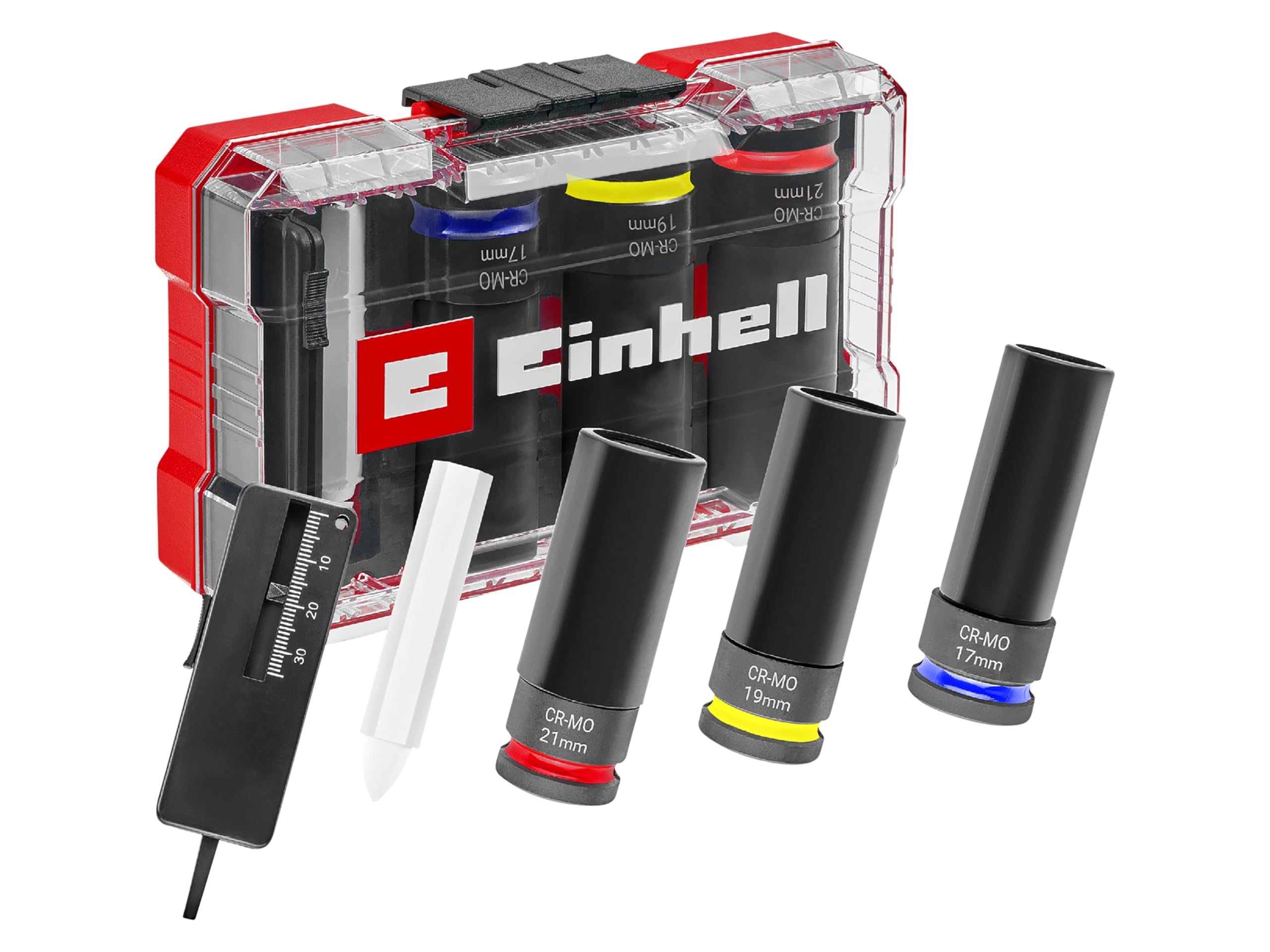 Orijinal Einhell M-CASE Mekanik Darbeli Lokma Seti, 5 Parça (80 mm Lokmalar, Ø 17–21 mm, CrMo Çelik, Diş Derinliği Ölçer, Lastik Tebeşiri, Alaşım Jantlar İçin Tekerlek Değişimi)