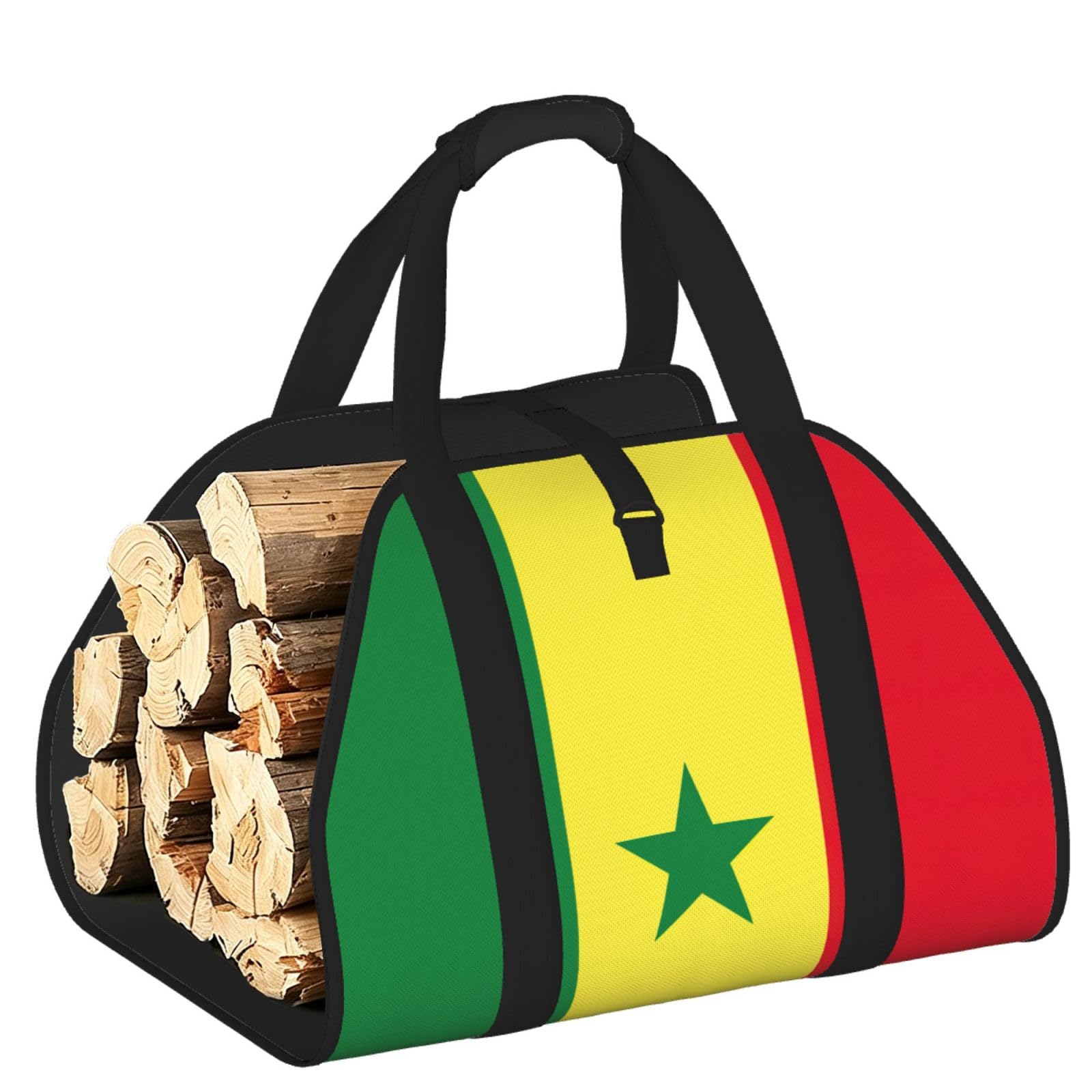 Flag of Senegal Printed Firewood Carrier Bag, Log Tote with Open-Ended Design for Camping Outdoor Wood Hauling