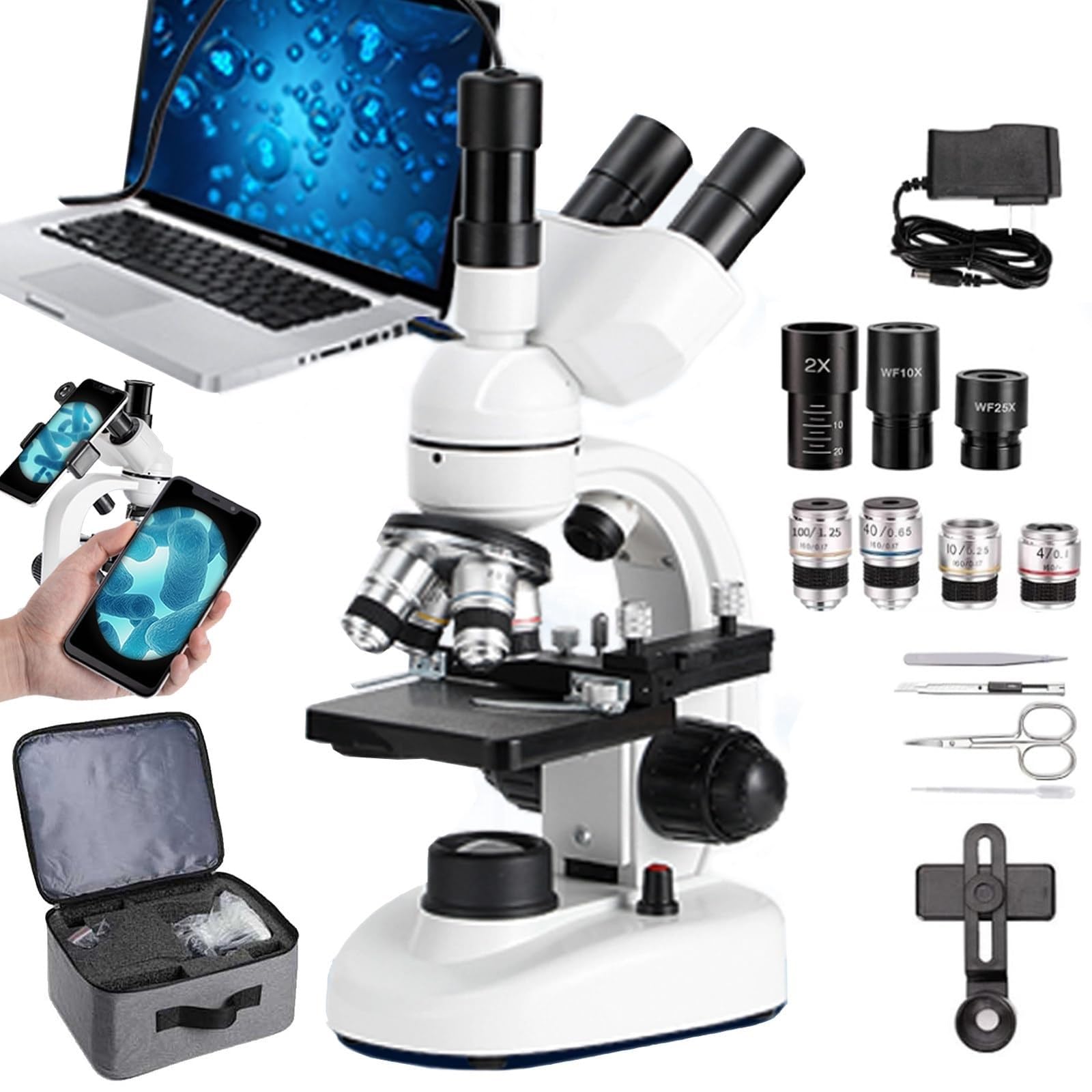 Zestaw przenośnego mikroskopu, trójokularowy mikroskop złożony 40x-5000x, zestaw mikroskopu do laboratorium szkolnego, szkoła domowa z adapterem do telefonu (White)