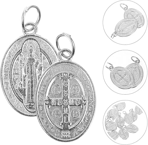 Miniatura 2 de COHEALI 50 dijes de medalla de San Benito, dije de San Benito, colgante de San Santo a granel, colgante de metal para bricolaje, rosario, collar,