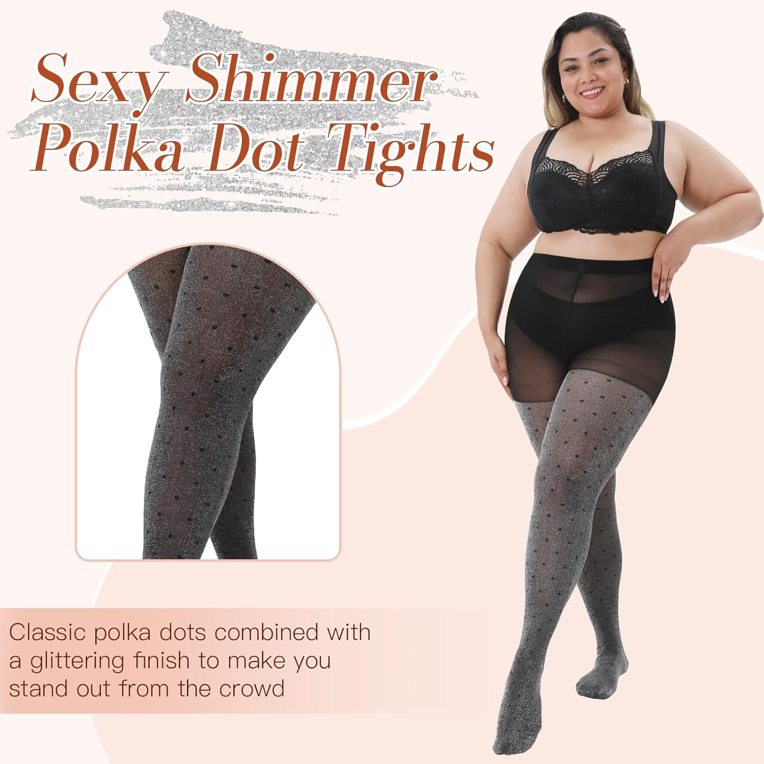 WiliW Polka Dot Plus Size Tights for Women Shimmer Patterned High Waist Tights 40D Shiny Sheer Black Pantyhose - Image 4