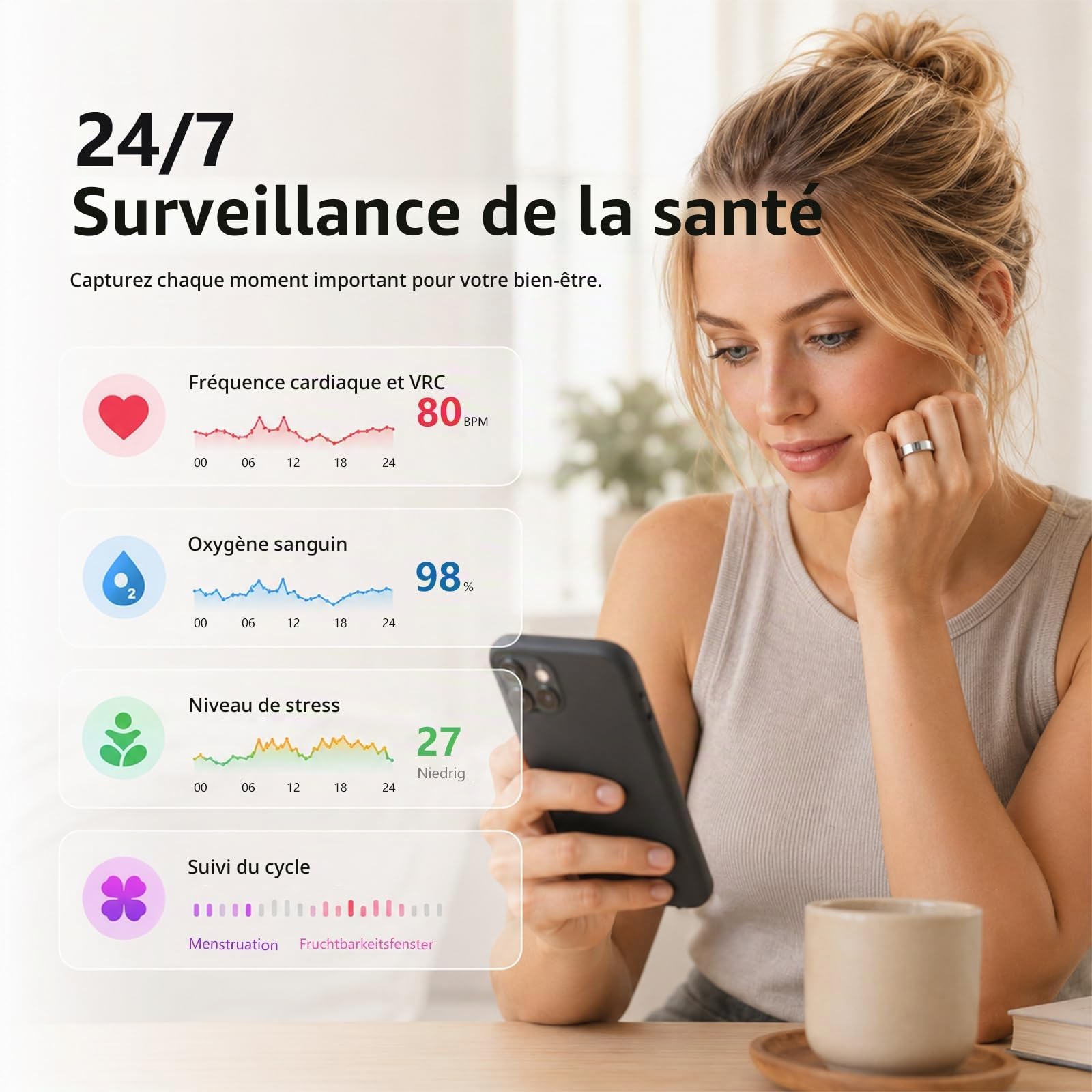 Bague intelligente en acier inoxydable pour homme et femme - Étanche - 5 ATM - Suivi de fitness - Android iOS - Suivi du sommeil - Moniteur de fréquence cardiaque - Suivi de fitness - Podomètre