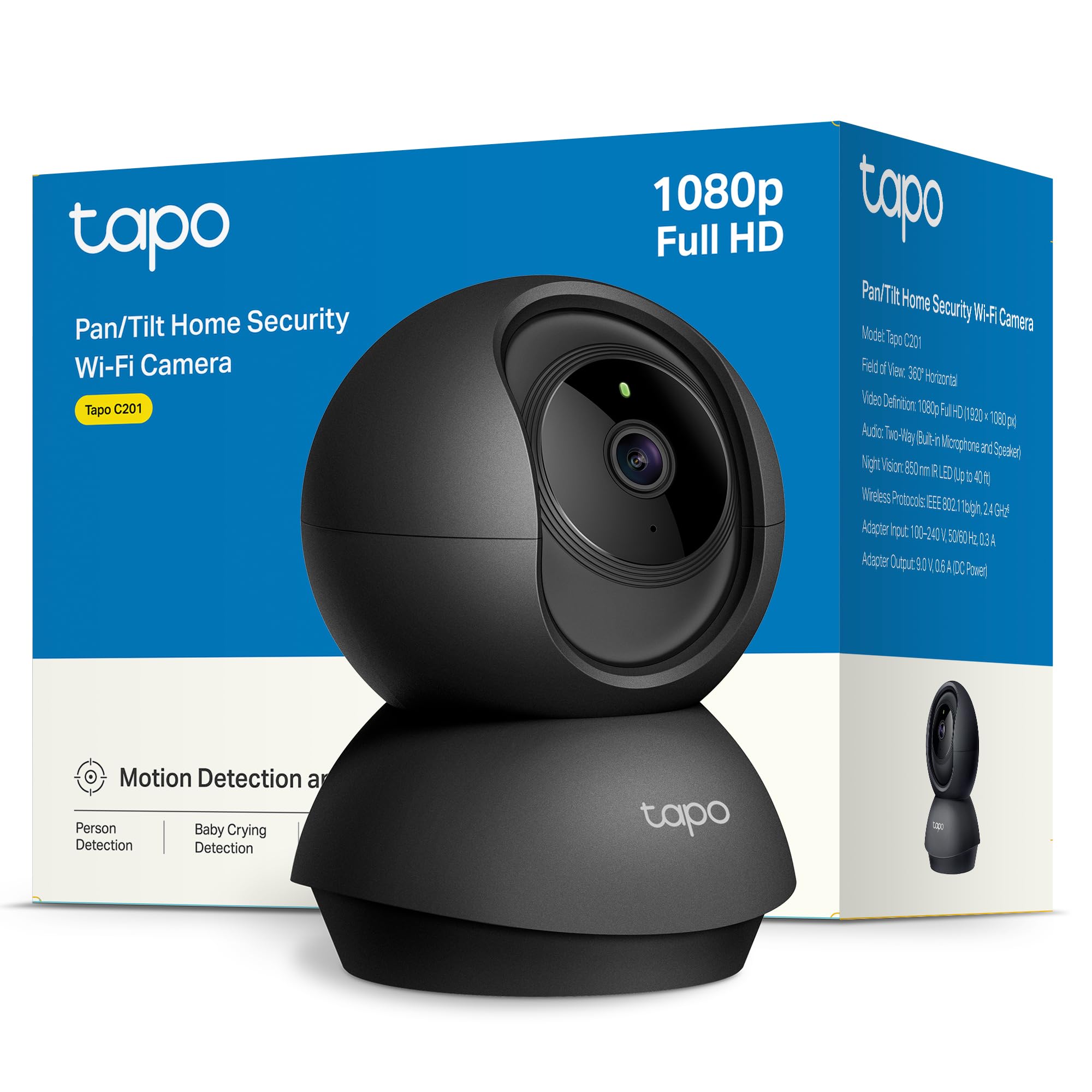 Tapo C201-Cámara vigilancia WiFi interior, 1080p,360°,Visión Nocturna,negro | Detección de Movimiento. Visión Nocturna. Audio Bidireccional. Almacenamiento Local o Nube. App Tapo. Certificado ClimatePartner