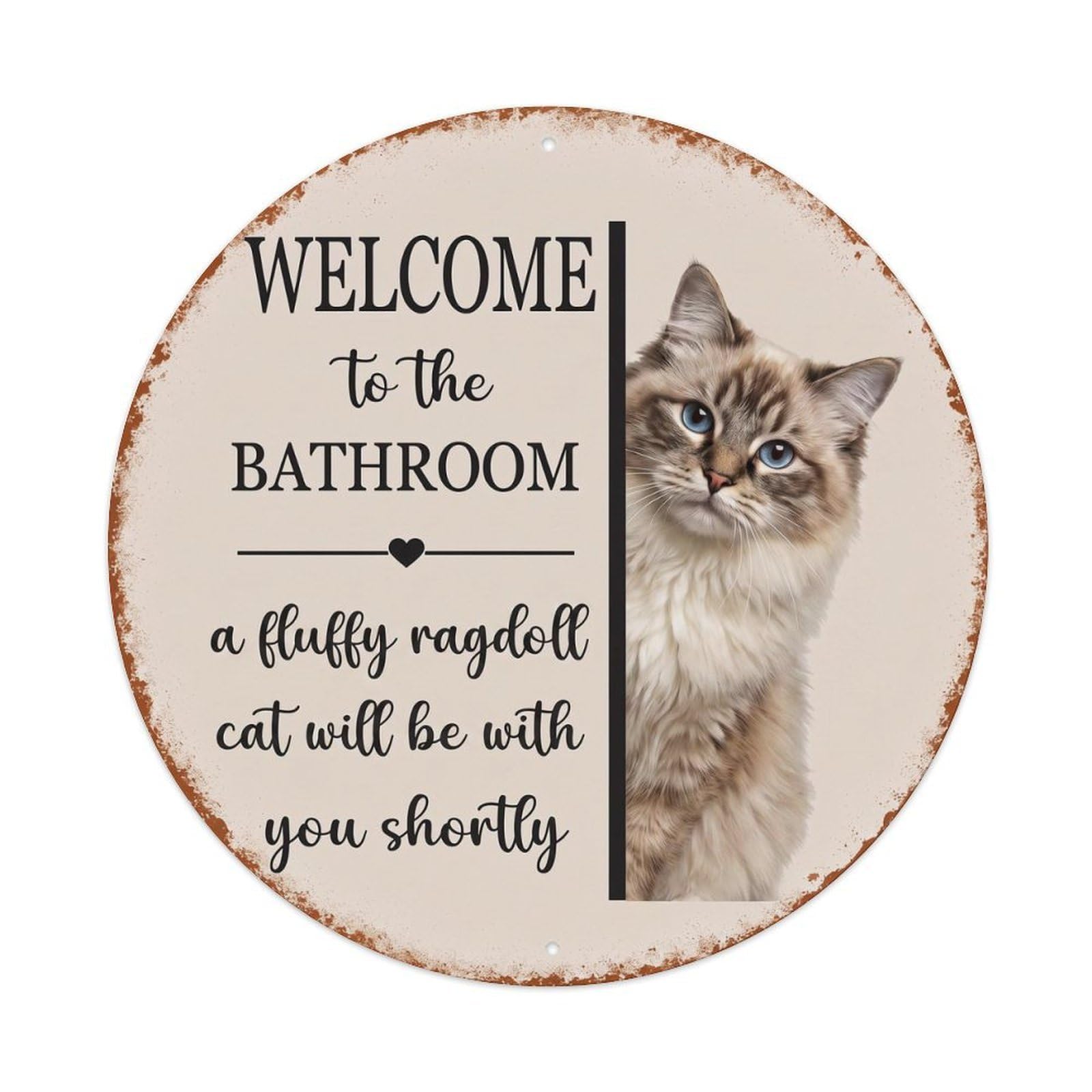 Vintage WELCOME To The BATHROOM Fluffy Ragdoll Cat Metal Tin Sign
