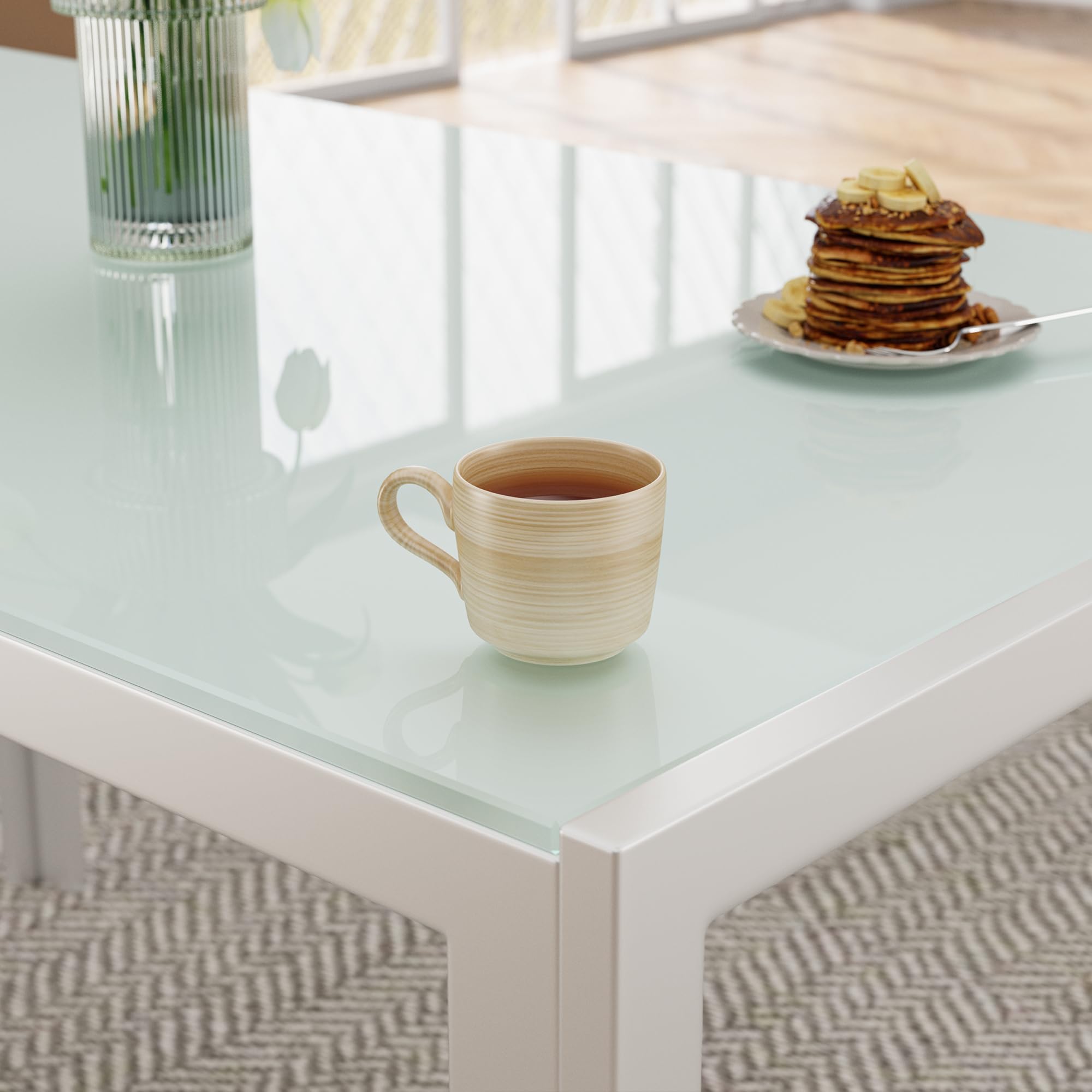 Bealife Set Tavolo e Sedie da Pranzo, 4 Sedie Confortevoli, Tavolo in Vetro Temperato, per Cucina, Stanza da Pranzo e Soggiorno (4 sedie, bianca)