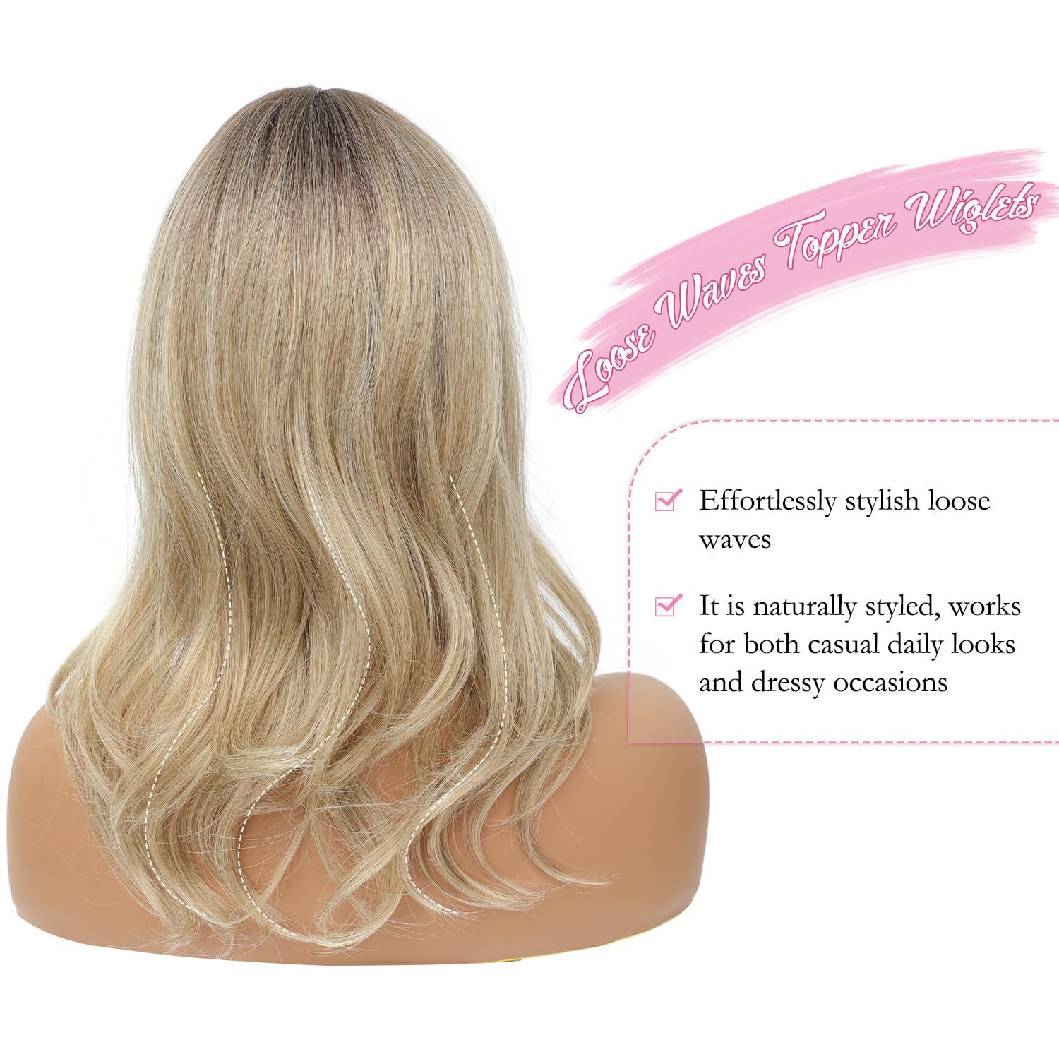 Ms Taj Lässige Wellen Haarteile 45 cm Blonde with dark roots Haarteil bei dünnem Haar Synthetik haar topper Haarausfall, extra Volumen,schnelle Frisurenveränderung