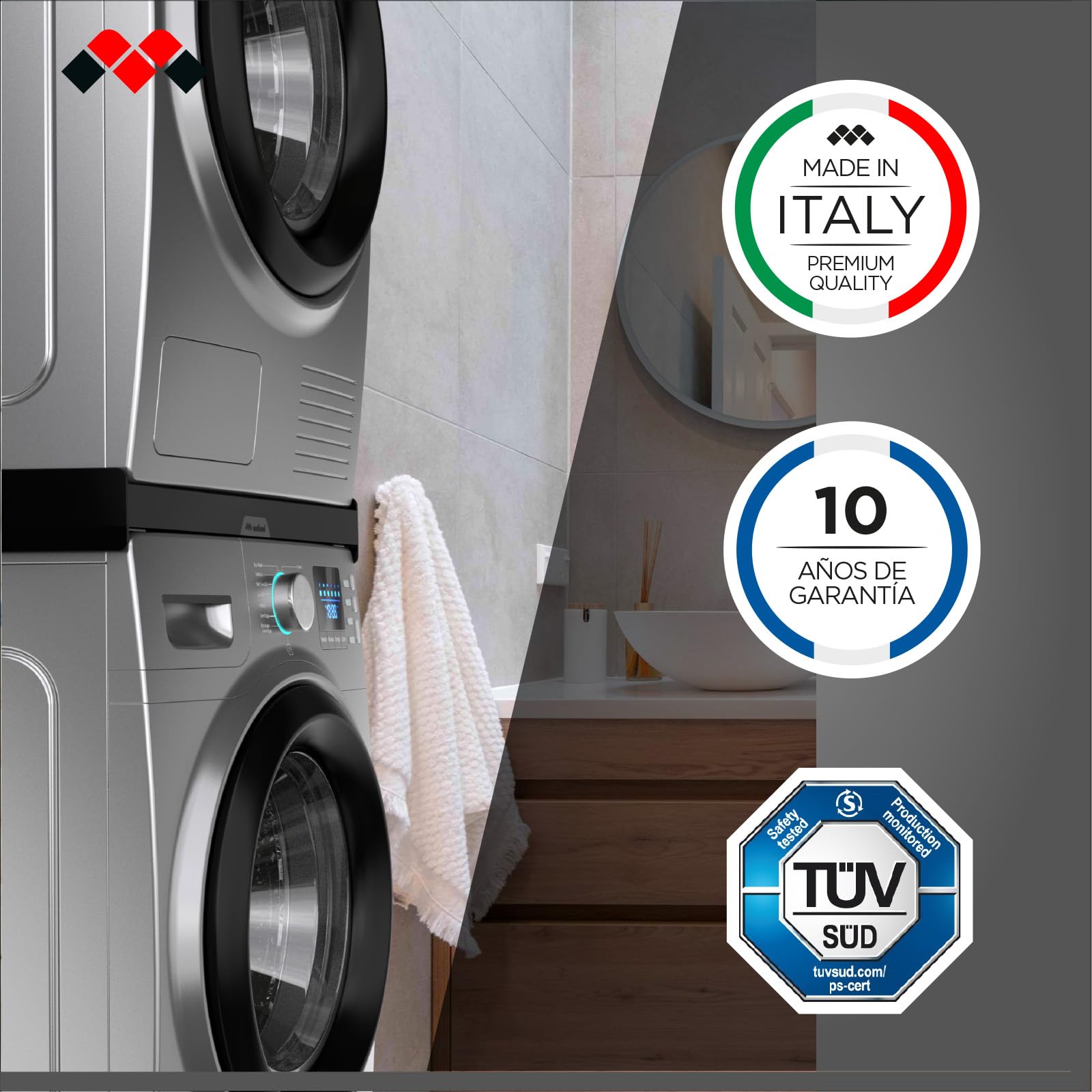 Meliconi Torre Noir Kit de superposición lavadora-secadora, premontado, certificado TÜV SÜD, capacidad máxima 250 kg, Made in Italy, color negro