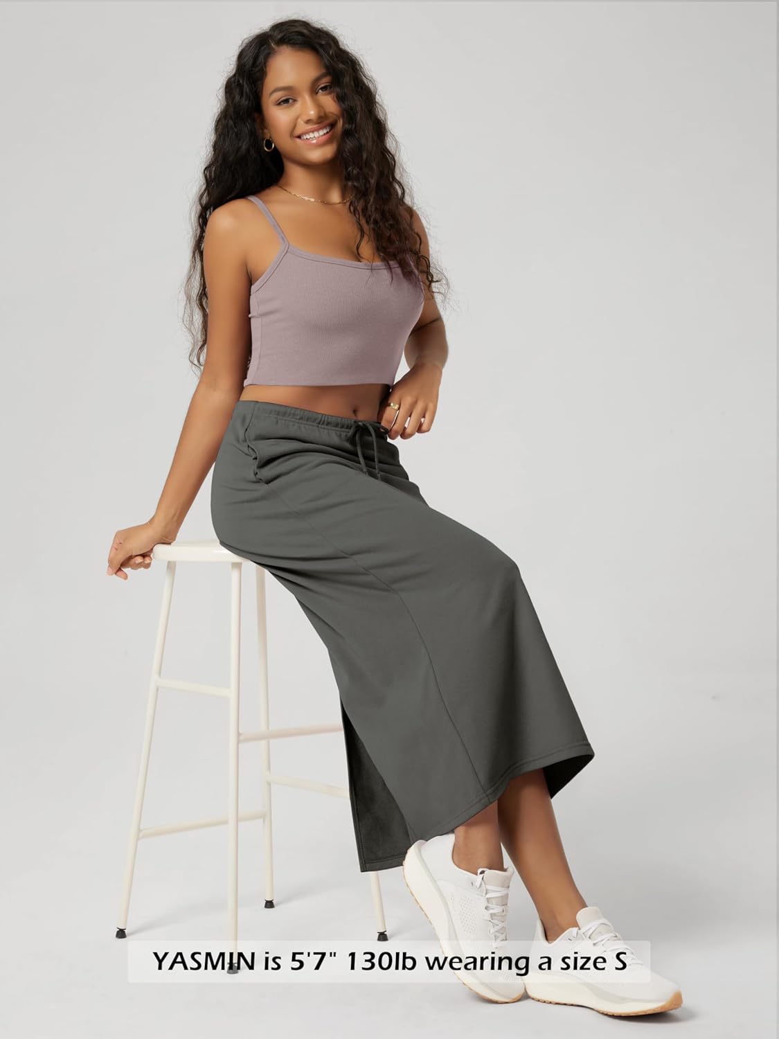 ODODOS Women's Back Split Midi Skirt - Cotton French Terry Drawstring Tie High Waist Casual Long Pencil Skirts with Pockets - Image 3