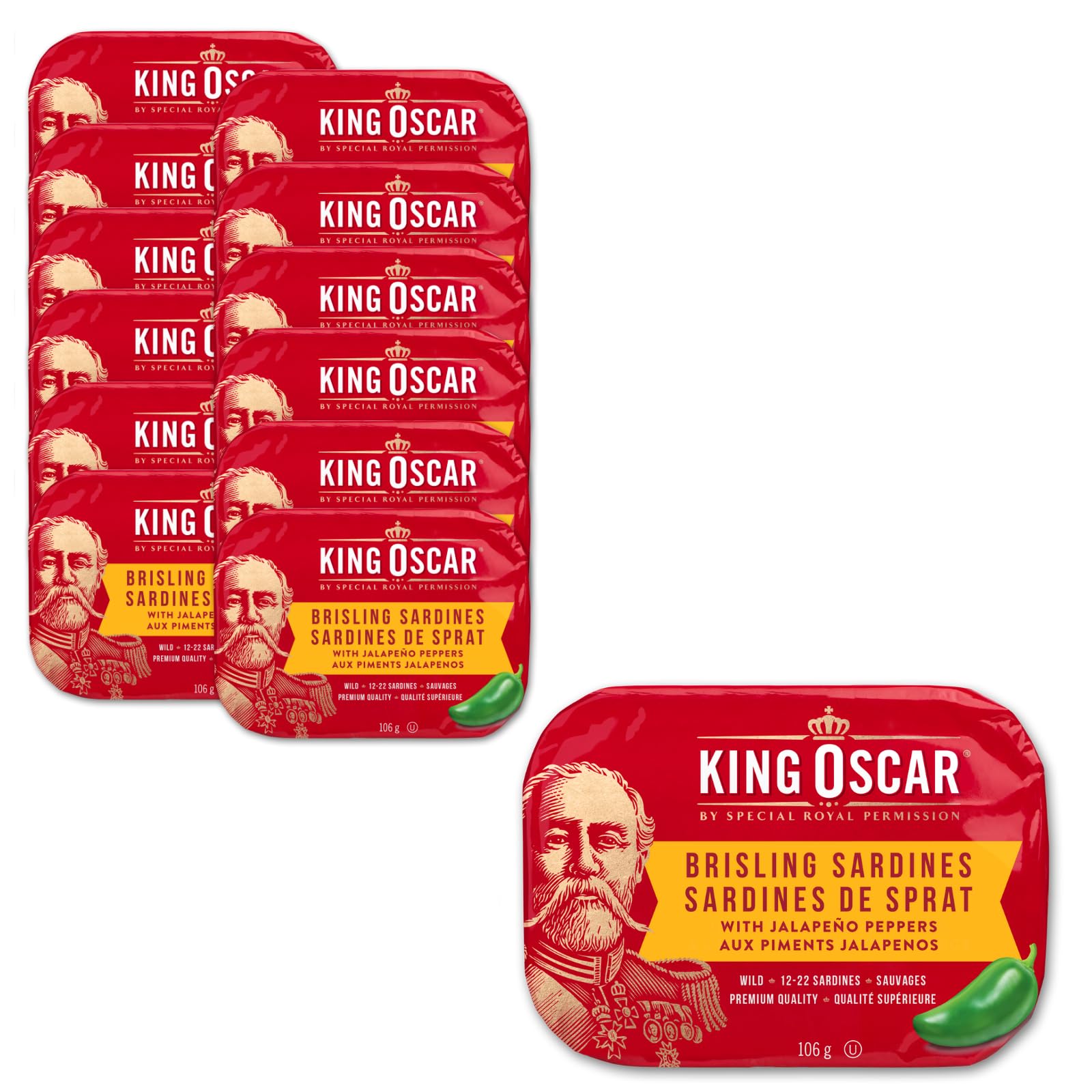 King Oscar, Brisling Sardines with Jalapeño Peppers, 106 gram cans (Packs of 12)