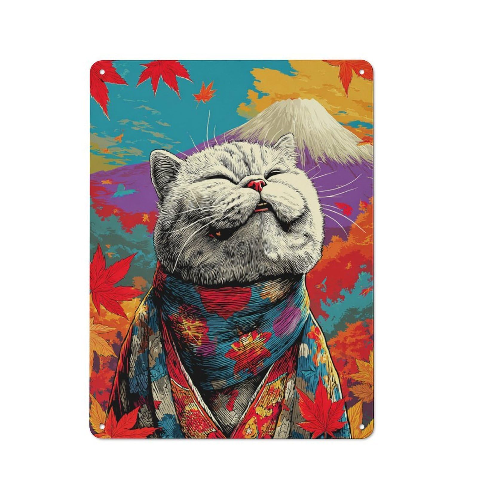 Junmoney Autumnal Cat In Traditional Attire Office Metal Sign With Design 40X30cm, Classic Study Room Decor For Office, Study, Studio Or Hallway