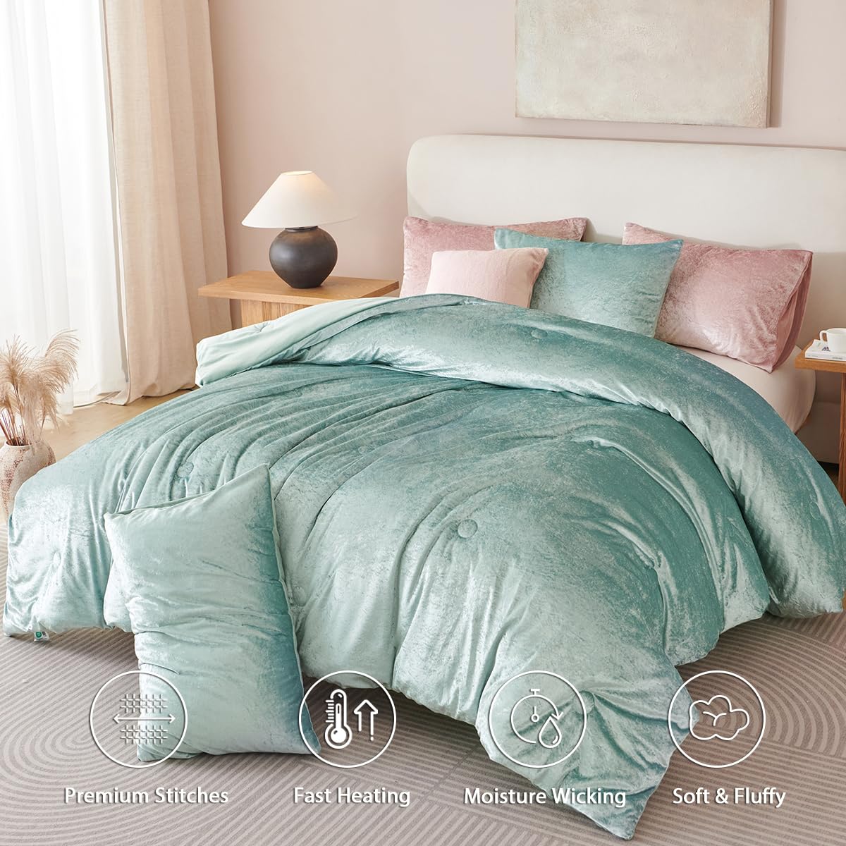 Erwinmu Comforter Set Twin Size Aqua Green,Crushed Velvet Luxury Bedding Set Winter Warm Fuzzy Flannel Bed Set for Girls,Sparkling Comforter and 1 Pillowcase
