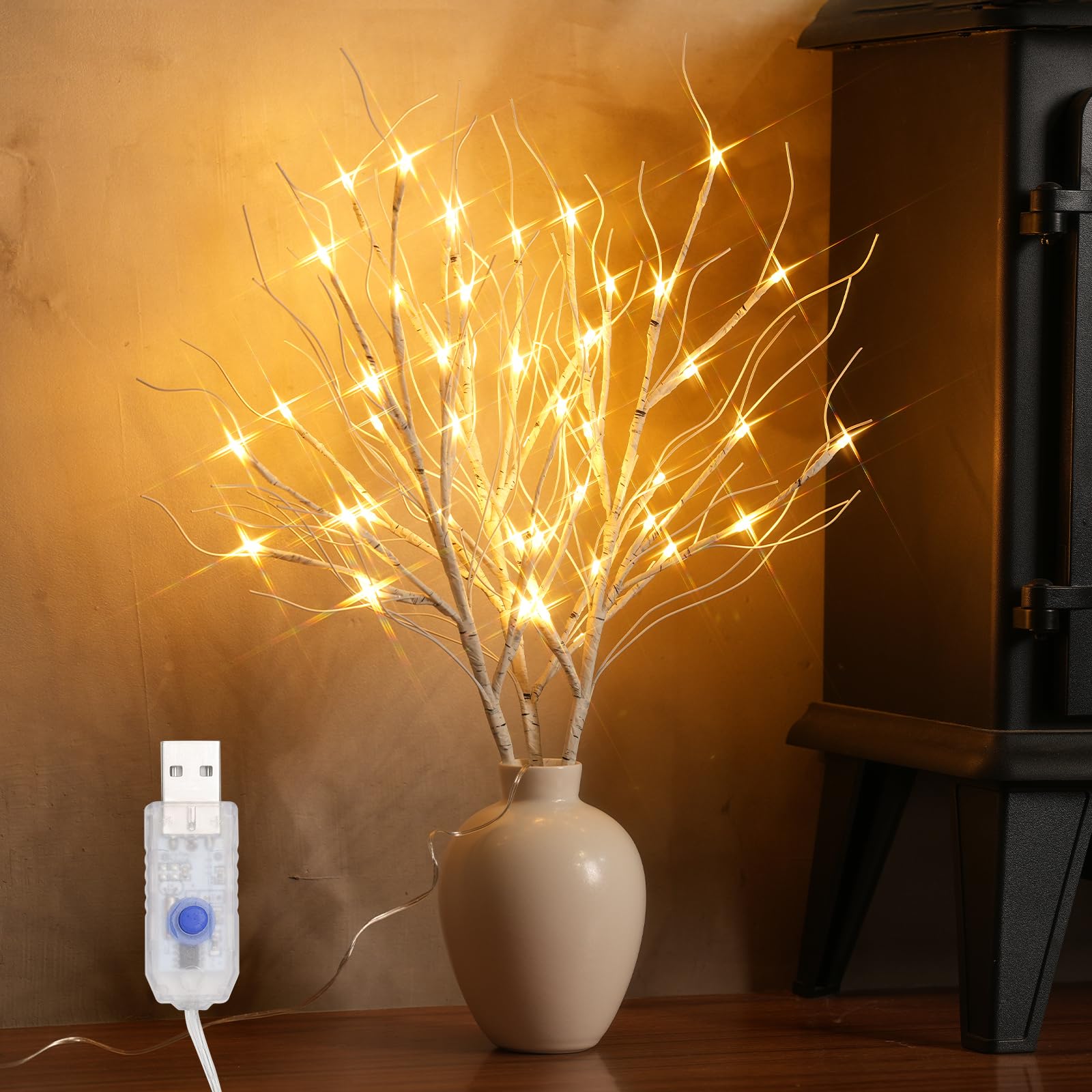 Lighted Birch Branch with Fairy Lights Holiday Decor,3PK 19.7in 48 LED;USB Powered,Warm White Branch with Lights for Christmas Holiday Wedding Party Decoration,Timer