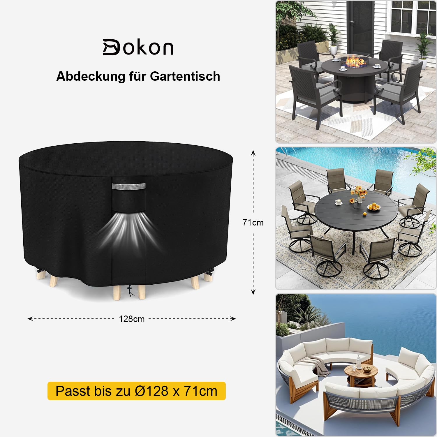 Dokon Abdeckung für Gartenmöbel Wasserdicht Gartentisch Schutzhülle mit Belüftungsöffnungen, Robustes 420D Oxford-Gewebe Winddicht Anti-UV Abdeckplane für Terrassenmöbel Sitzgruppe, Rund Ø128x71cm