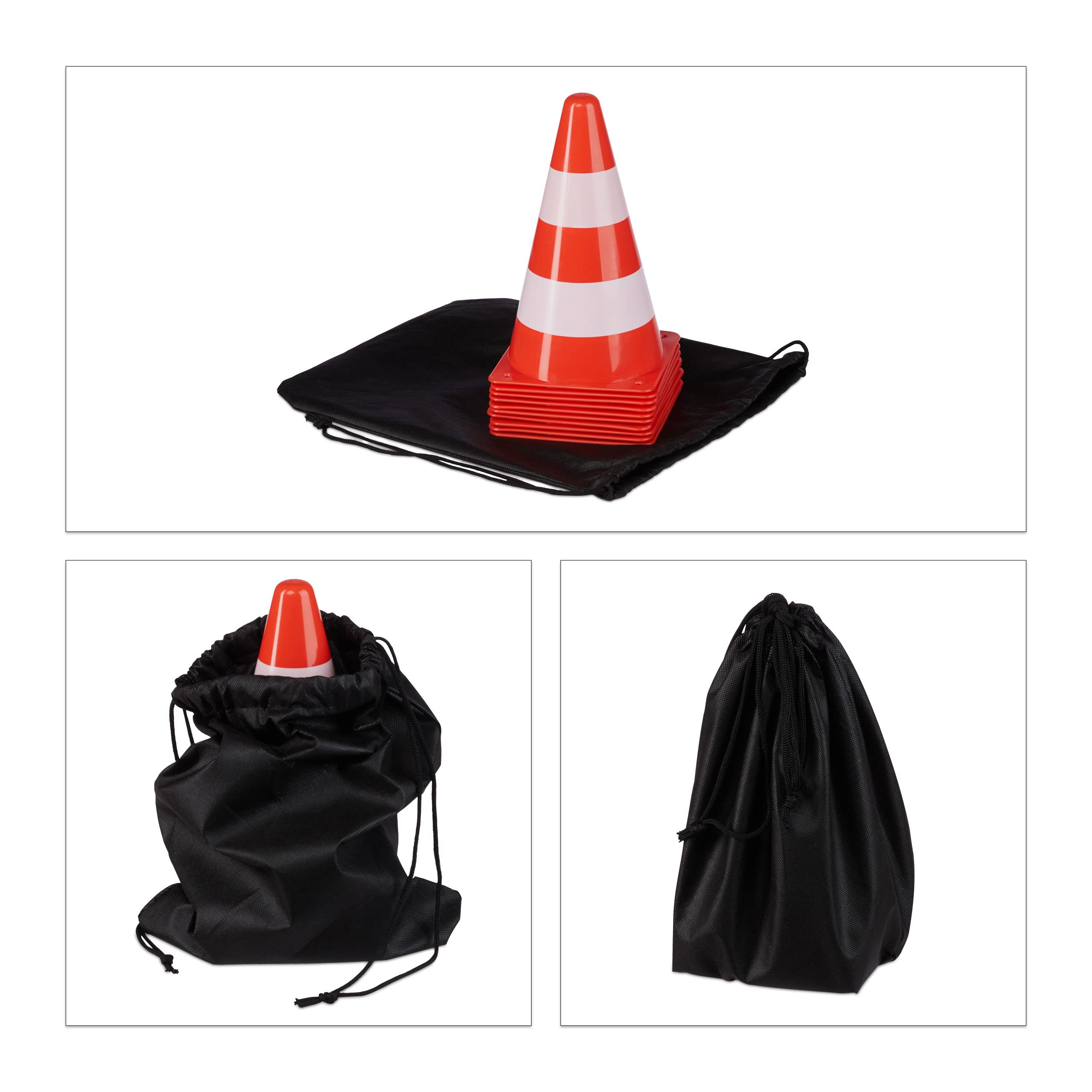 Relaxdays Warnkegel 10er Set, stapelbar, Verkehrshütchen, orange/weiß | Schnürbeutel, Markierungshütchen, Pylonen, 22 cm