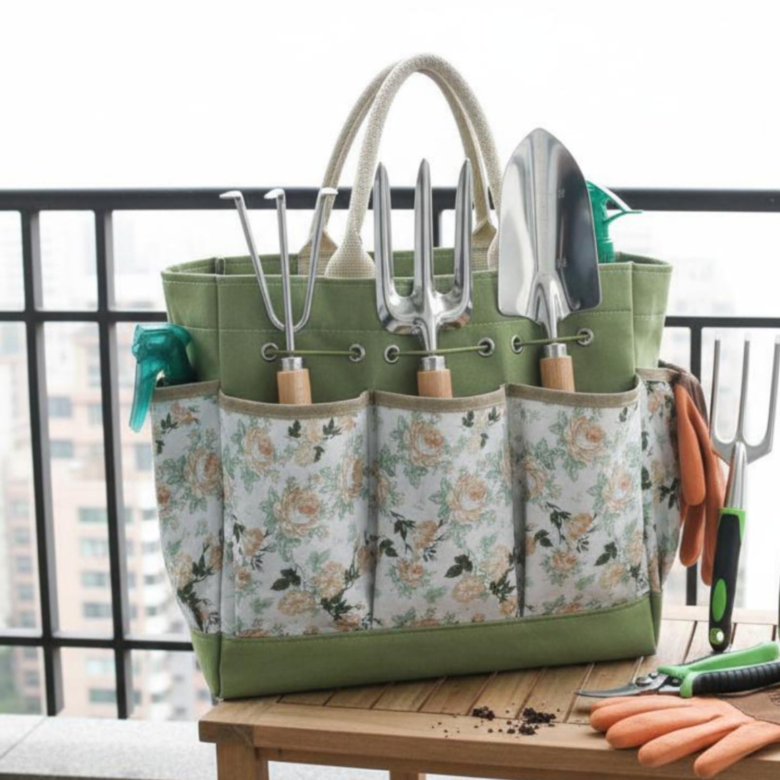 Gartengeräte Set Gartenwerkzeug Handwerkzeug Ausplantierer Blumenkelle Hacke Holzgriff Ermüdungsarm Tragbar mit Tragegriffen für Gemüsebeet Blumenrabatte, Stainless Steel 9PCS