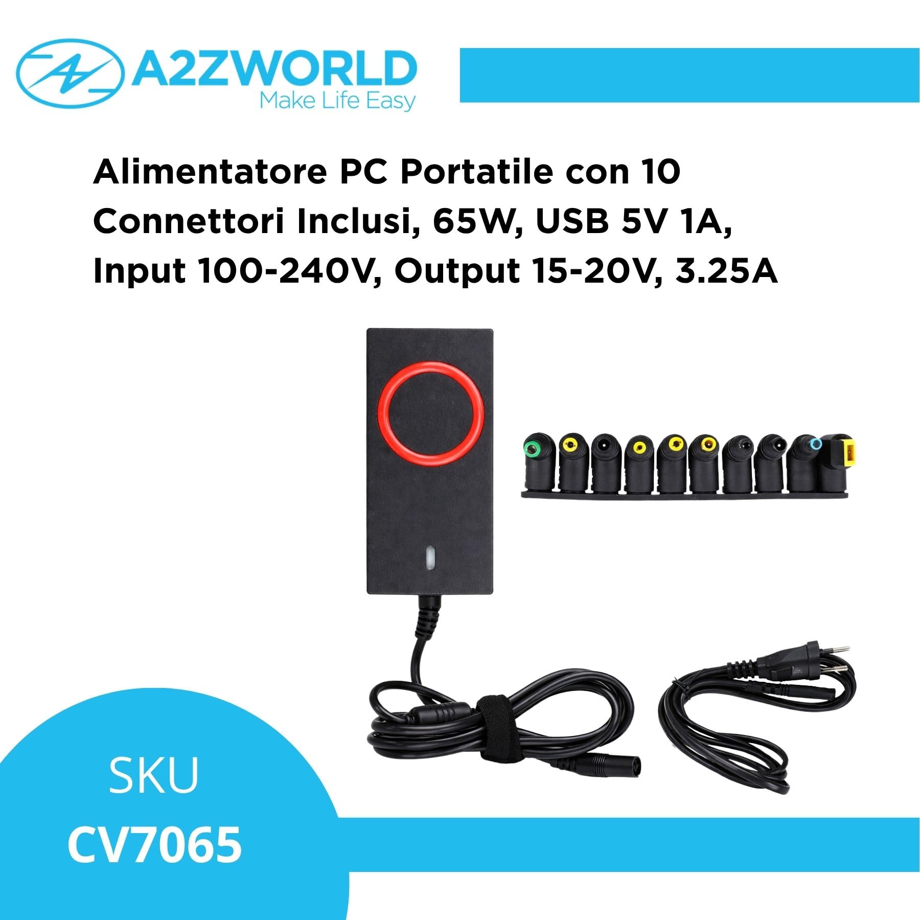 4 Pezzi Alimentatore Universale Laptop 65W con 10 Connettori Inclusi, Caricatore per PC Portatile Notebook, Input 100-240V, Output 15-20V 3.25A