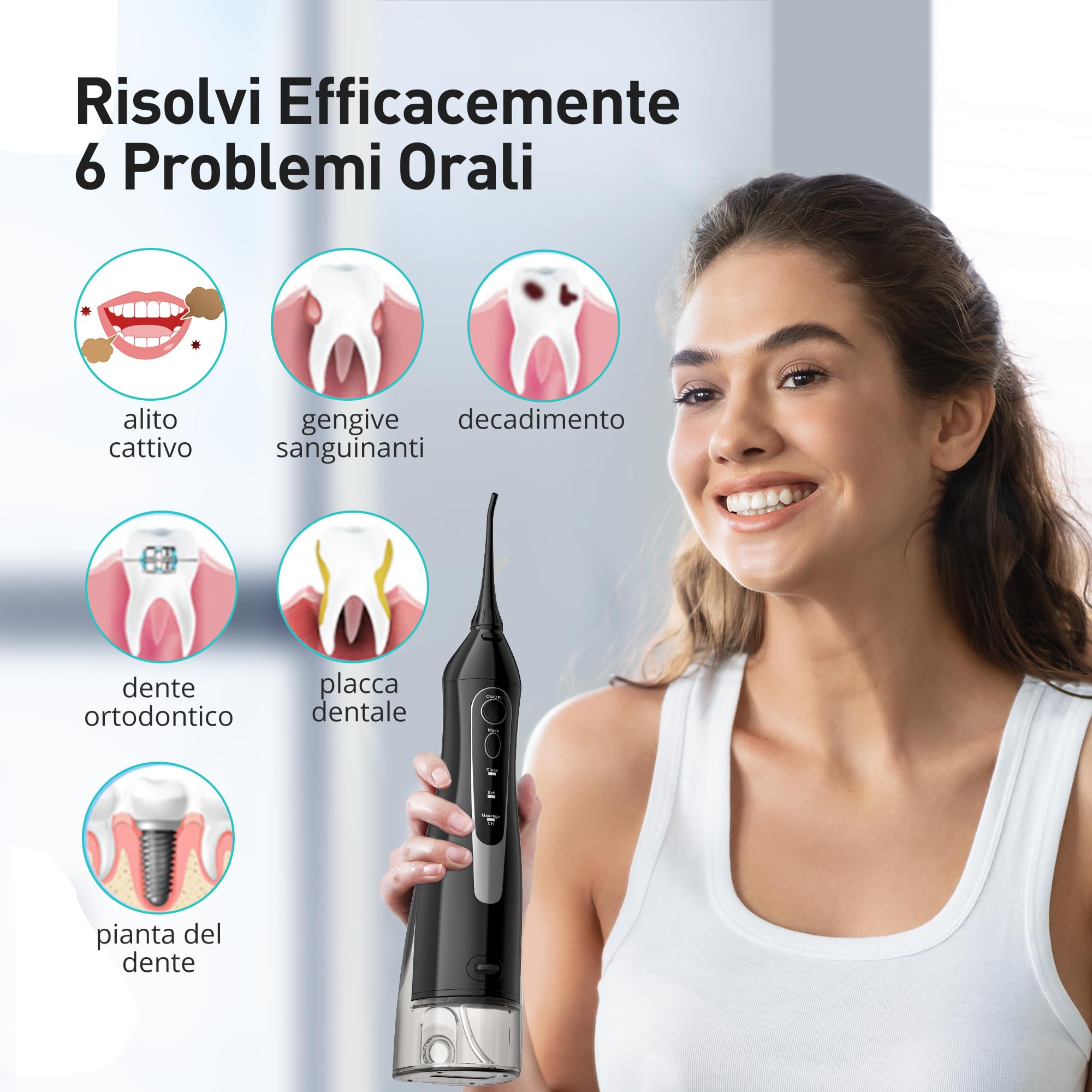 Wykałaczka wodna z nicią dentystyczną: przenośny, bezprzewodowy irygator do jamy ustnej, 300 ml, wielokrotnego ładowania, wodoszczelny IPX7, elektryczna maszyna do czyszczenia zębów