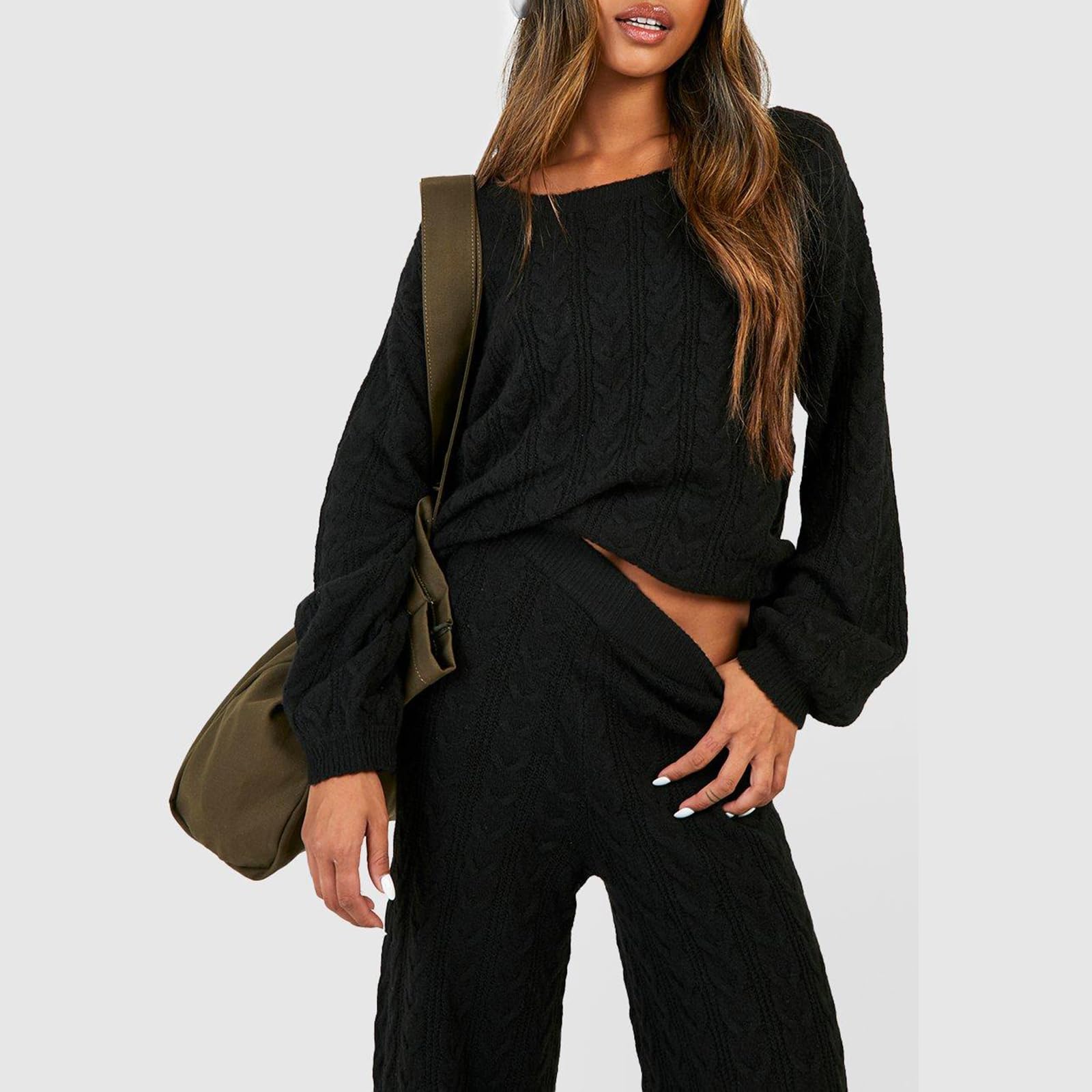 Zweiteilige Damen-Outfits, Pullover-Sets, 2-teiliges, langärmliges Strickpullover, Oberteil, weites Bein, Hose, lockere, passende Loungewear