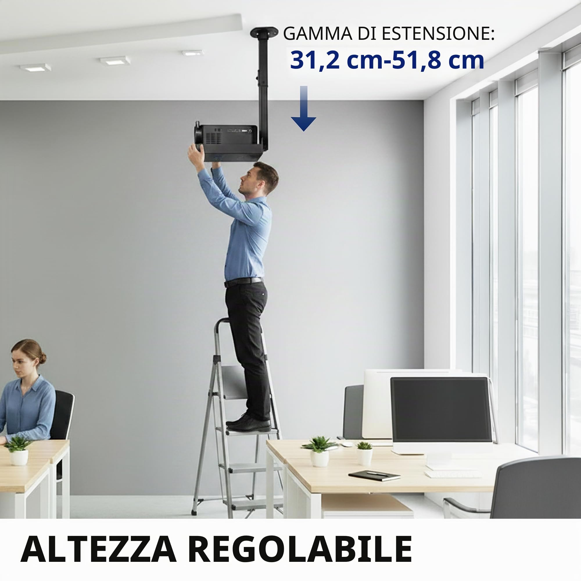 VIVO Supporto universale per proiettore allungabile a soffitto, proiezione regolabile in altezza, installazione senza fori, instradamento cavi nascosti, nero, MOUNT-VP08B