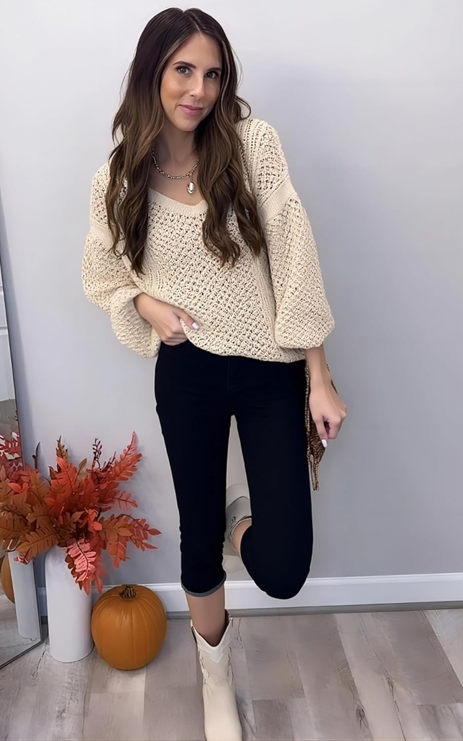 CCTOO Women's Sweaters Casual Oversized V Neck Off Shoulder Sexy Crochet Sweater Batwing Sleeve Pullover Loose Tops - Image 5