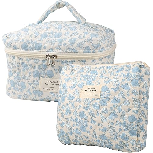 Cute Makeup Bag for Women(2 Pcs), Travel Cosmetic Bags, Quilted Coquette Aesthetic Floral Toiletry Organizer Bag (NavyBlue Flower)