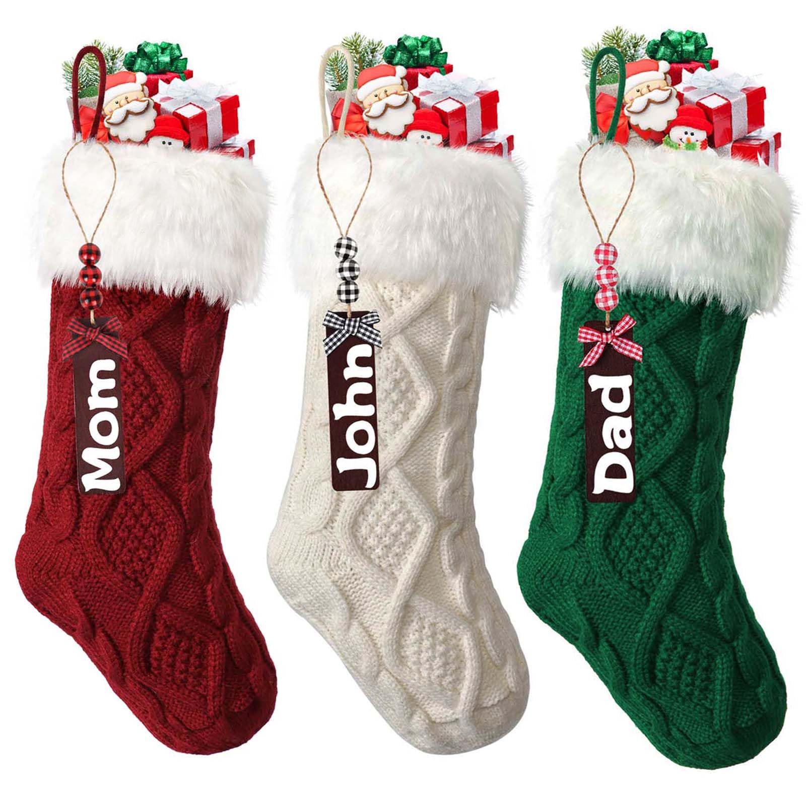 3 pezzi Calze natalizie lavorate a maglia in lana con targhette con nome, calze di Natale decorative, calze di Natale per feste di Natale, decorazioni natalizie e regali per bambini